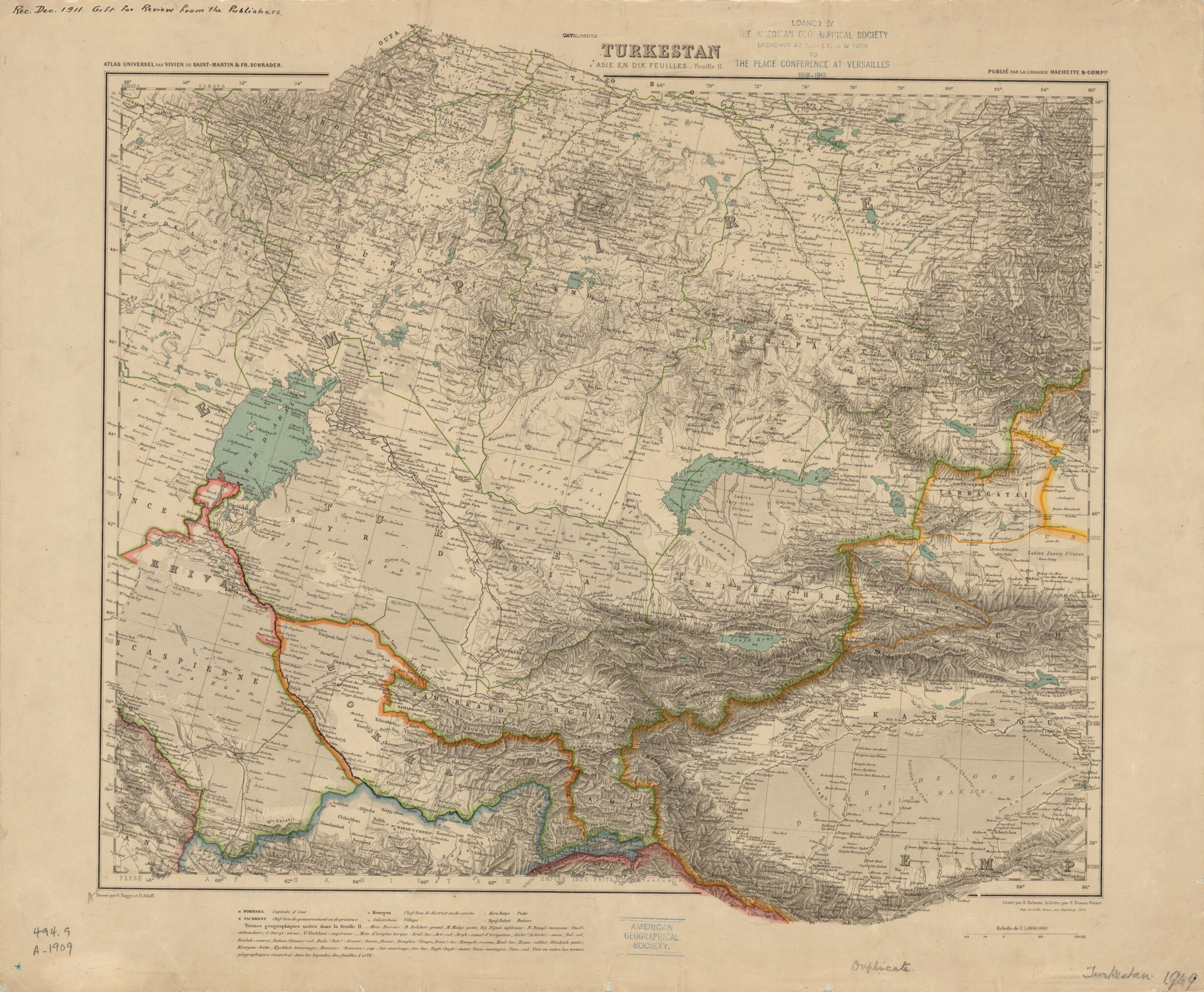 This old map of Turkestan. Asia In Ten Folios. Folio II. (Turkestan. Asie En Dix Feuilles. Feuille II) from 1909 was created by David Aïtoff, Gustave Bagge, E. Delaune,  Dufrénoy (Firm), P. Vorzet, Franz Schrader, Louis Martin in 1909