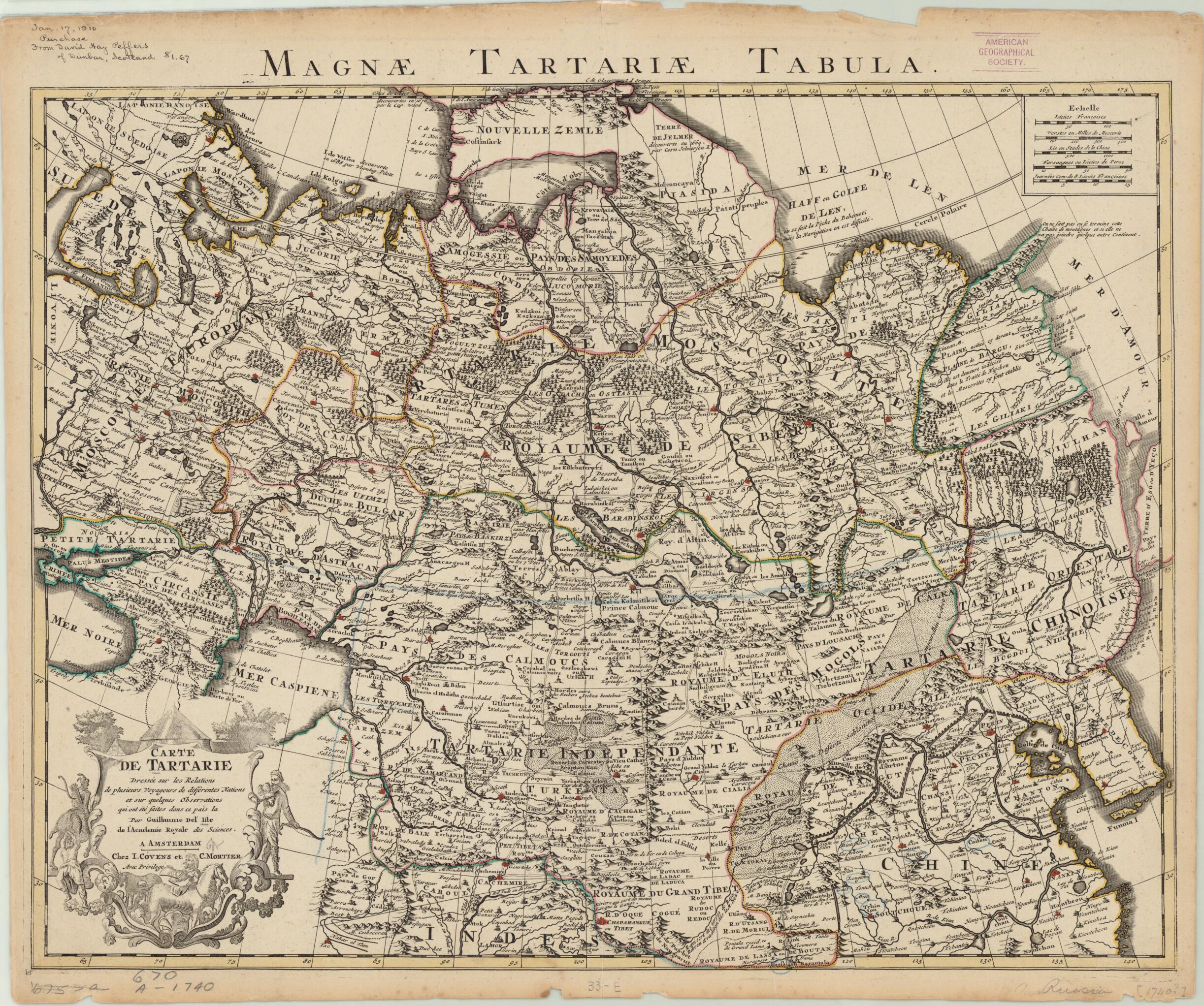 Map of the Great Tartary. Established Upon the Accounts of Several Travelers from Various Nations and Several Observations Made In That Country. (Carte De Tartarie: Dressée Sur Les Relations De Plusieurs Voyageurs De Différentes Nations Et Sur Quelq... by Relic Map Company