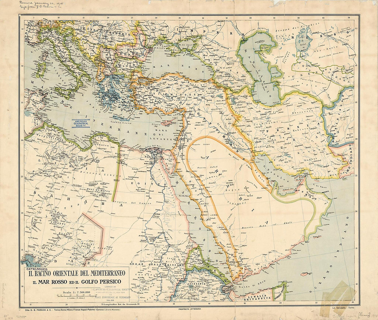 This old map of The Eastern Basin of the Mediterranean, the Red Sea, and the Persian Gulf. (Il Bacino Orientale Del Mediterraneo Il Mar Rosso Ed Il Golfo Persico) from 1890 was created by  Paravia (Firm),  Salussolia in 1890