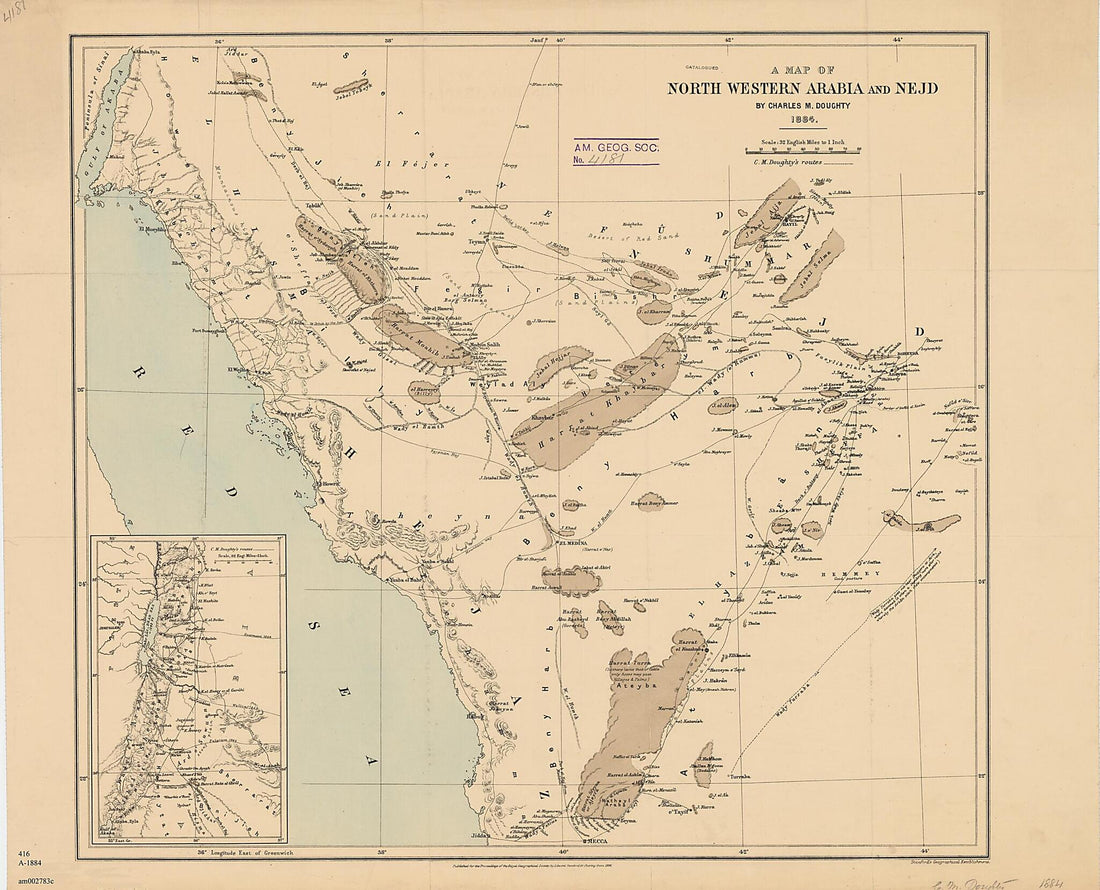 This old map of A Map of North Western Arabia and Nejd from 1884 was created by Charles Montagu Doughty,  Royal Geographical Society (Great Britain) in 1884