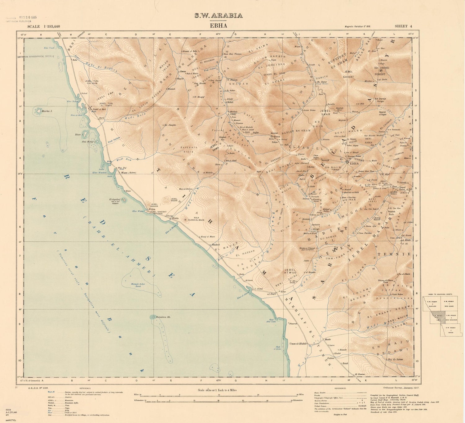 This old map of Southwest Arabia: Ebha, Sheet 4. (S.W. Arabia: Ebha, Sheet 4) from 1917 was created by  Great Britain. War Office. General Staff. Geographical Section, Francis Richard Maunsell in 1917