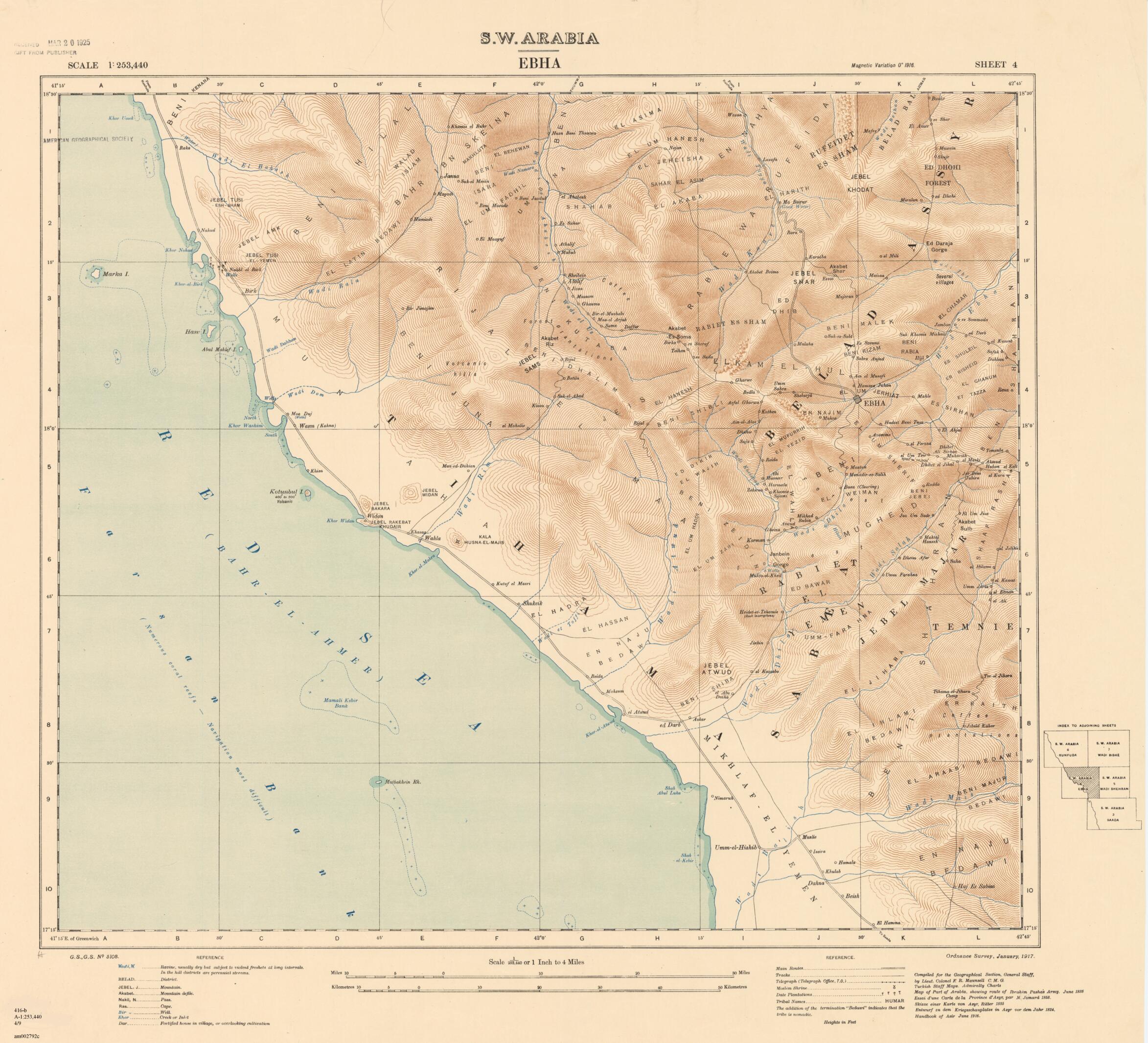 This old map of Southwest Arabia: Ebha, Sheet 4. (S.W. Arabia: Ebha, Sheet 4) from 1917 was created by  Great Britain. War Office. General Staff. Geographical Section, Francis Richard Maunsell in 1917