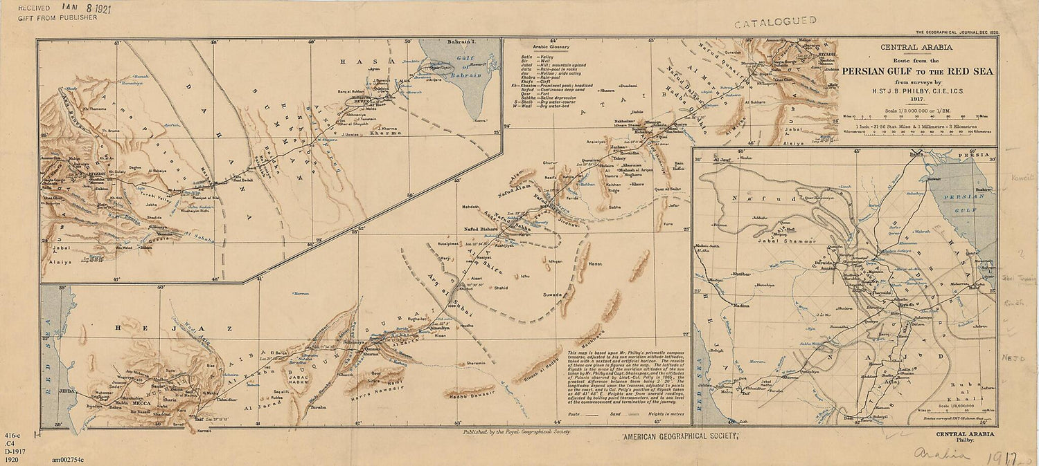 This old map of Central Arabia: Route from the Persian Gulf to the Red Sea from 1920 was created by H. St. J. B. (Harry St. John Bridger) Philby,  Royal Geographical Society (Great Britain) in 1920