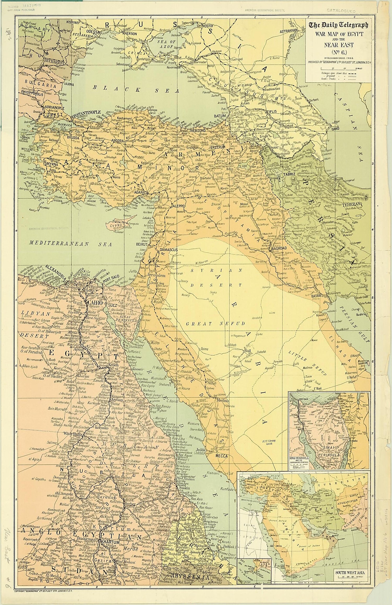 This old map of The Daily Telegraph War Map of Egypt and the Near East (Number 6) from 1918 was created by Alexander Gross,  The Daily Telegraph in 1918