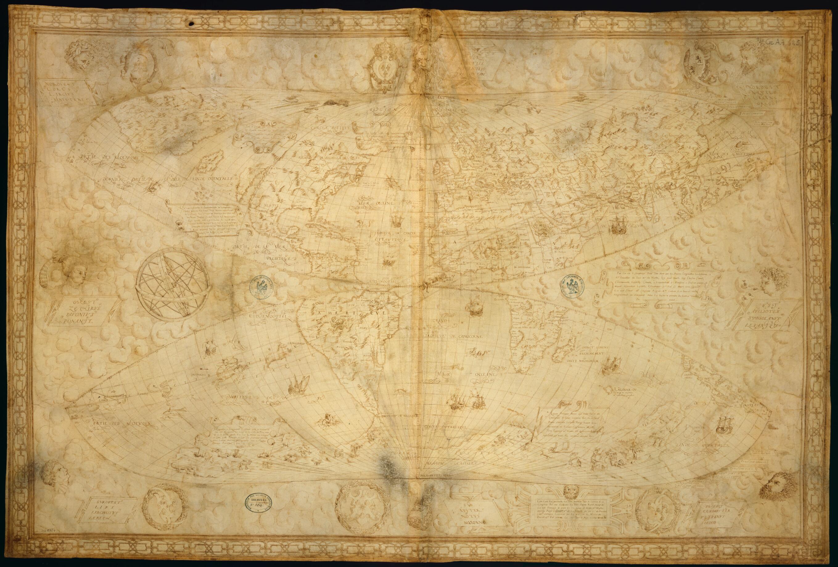 This old map of World Map In Two Hemispheres (Bonne Projection), from 1566 was created by Guillaume Le Testu in 1566