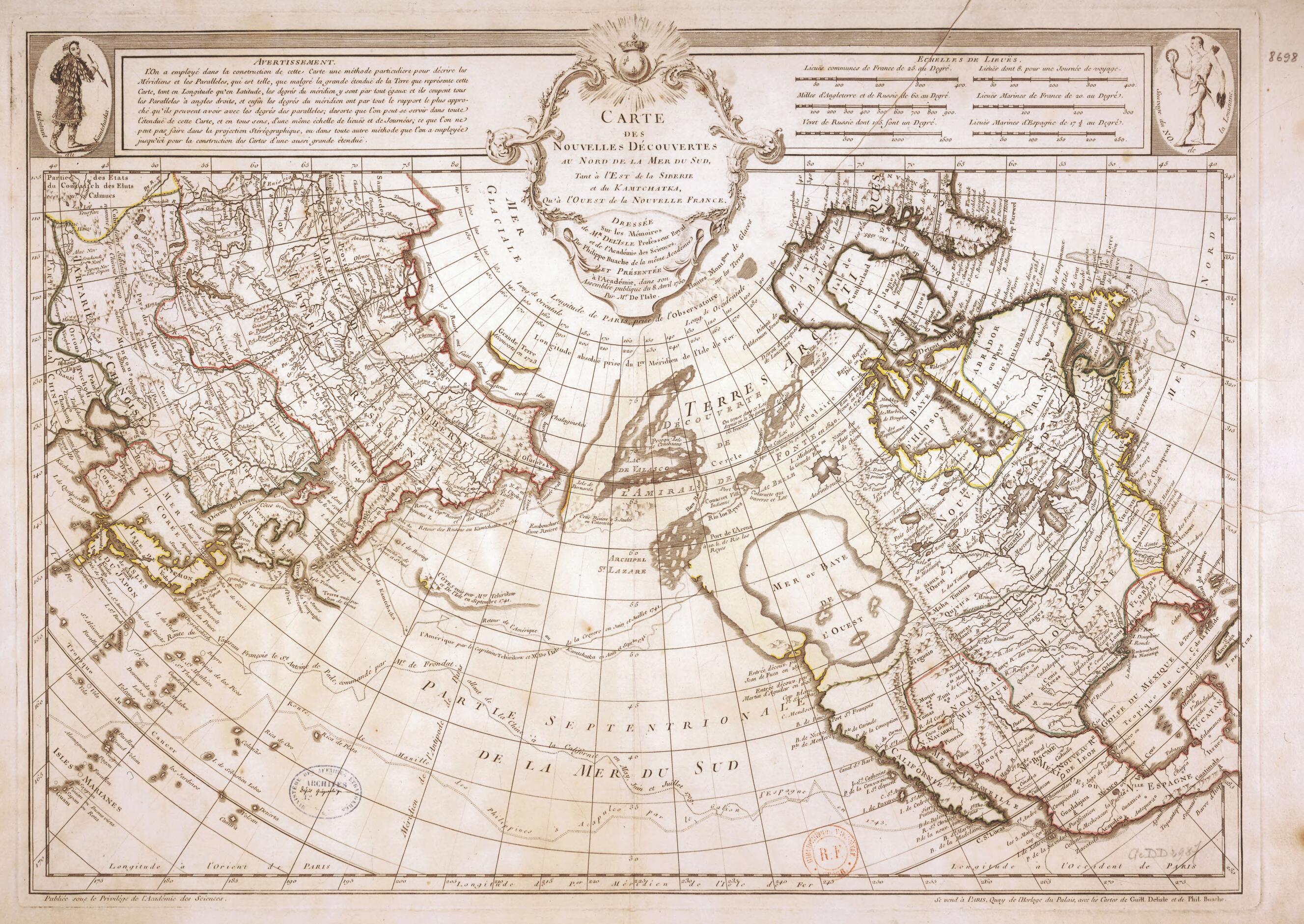 This old map of Map of New Discoveries North of the South Sea, In Eastern Siberia and Kamchatka, and In Western New France. (Carte Des Nouvelles Découvertes Au Nord De La Mer Du Sud Tant à L&