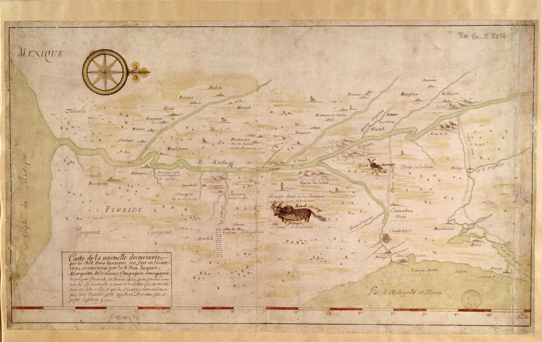This old map of Map of the New Discovery Made by the Jesuit Fathers In 1672 and Continued by Father Jacques Marquette, from the Same Group, Accompanied by a Few Frenchmen In the Year from 1673, Named Manitounie. (Carte De La Nouvelle Découverte Que Les RR. Pères  was created by Louis Jolliet, Jacques Marquette in 1673