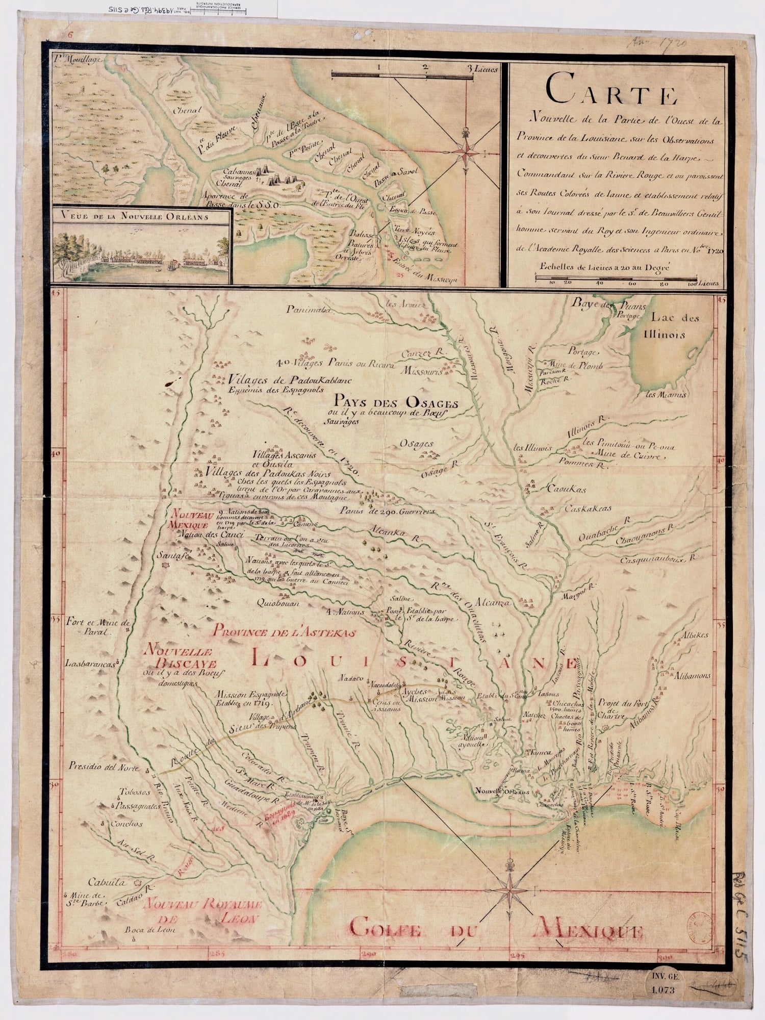 This old map of Map of Louisiana, View of New Orleans. (Orléans) from 1720 was created by De Beauvilliers,  Baptiste in 1720