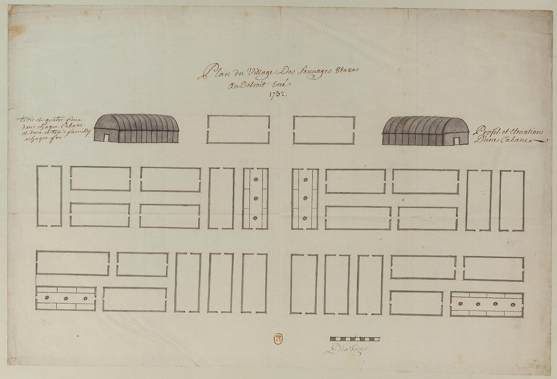 This old map of Map of the Village of the Ottawa Savages, at the Erie Strait, from 1732. (Plan Du Village Des Sauvages Outaouas, Au Détroit Erié, from 1732) was created by  in 1732