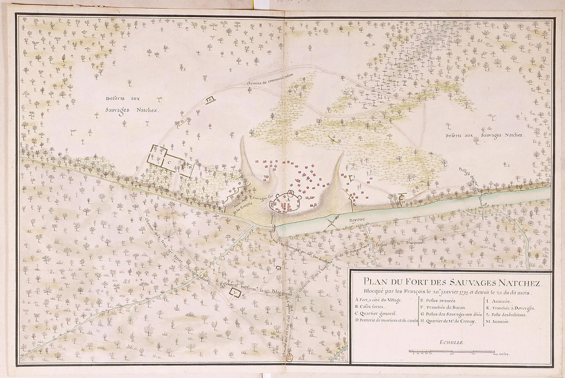 This old map of Plan of the Natchez Fort, Blockaded by the French On January 20, from 1731, and Destroyed On the 25th of Said Month. (Plan Du Fort Des Sauvages Natchez Blocqué Par Les François Le 20e Janvier from 1731 Et Détruit Le 25 Du Dit Mois) was