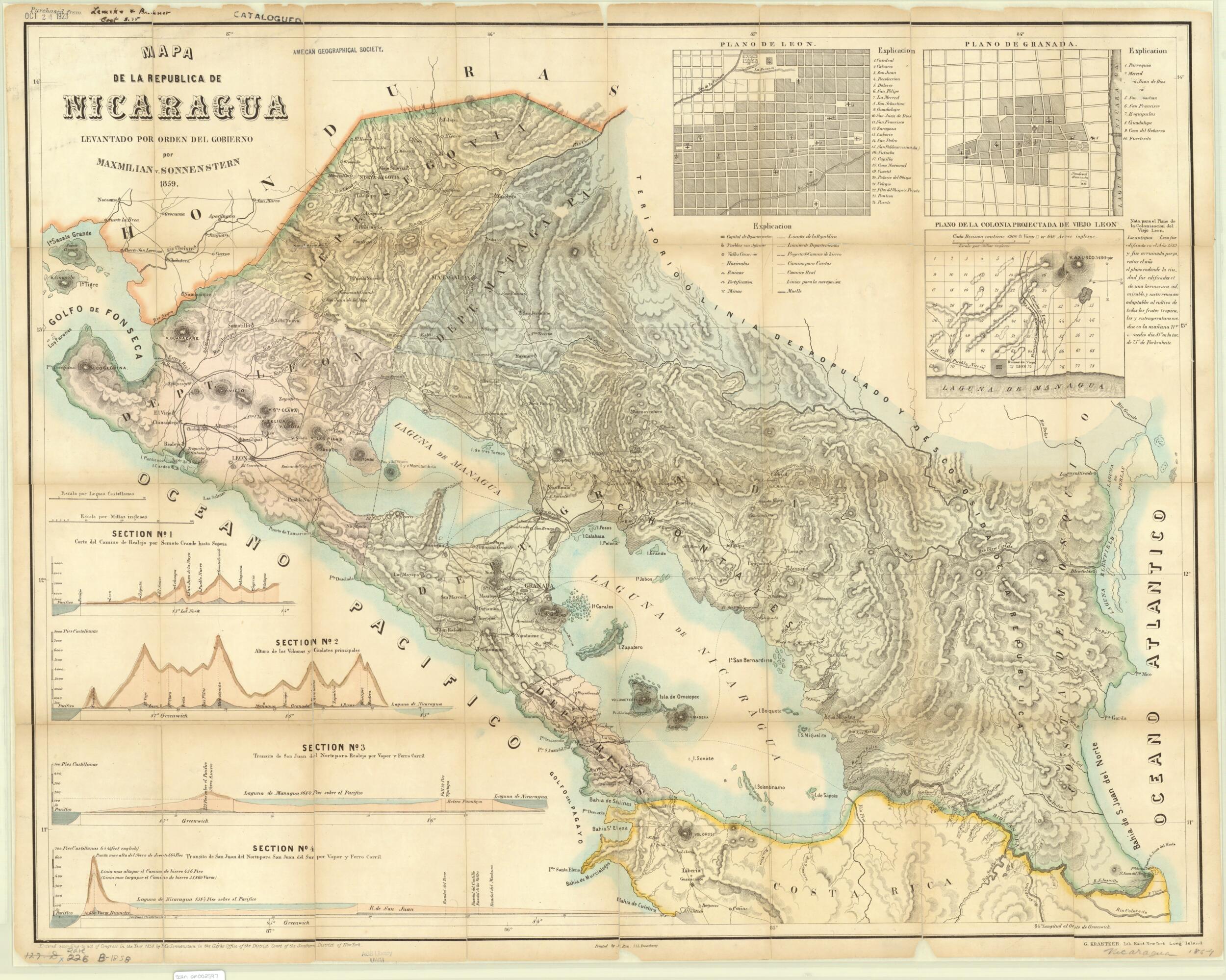 This old map of General Map of the Republic of Nicaragua, from 1858. (Mapa General De La Republica Nicaragua) was created by G. Kraetzer, J. Rau, Maximilian Von Sonnenstern in 1858