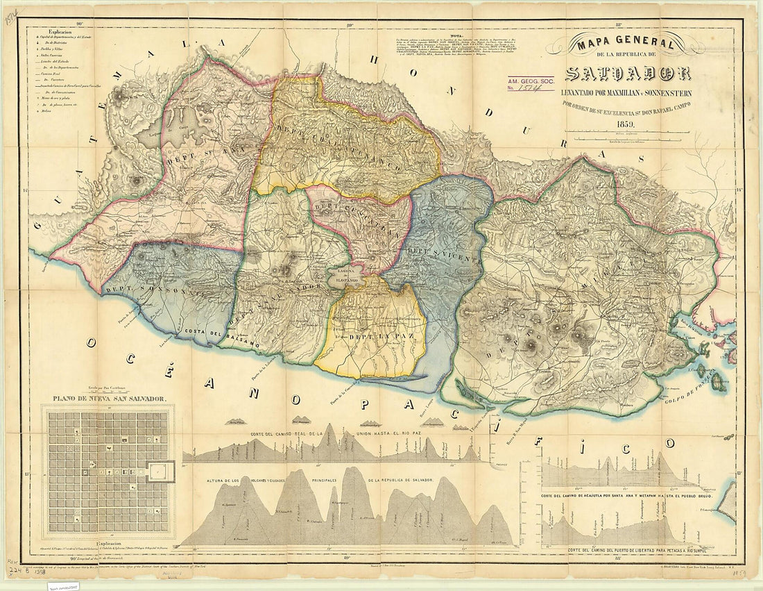 This old map of General Map of the Republic of El Salvador, from 1858. (Mapa General De La Republica De Salvador) was created by Rafael Campo, G. Kraetzer, J. Rau, Maximilian Von Sonnenstern in 1858