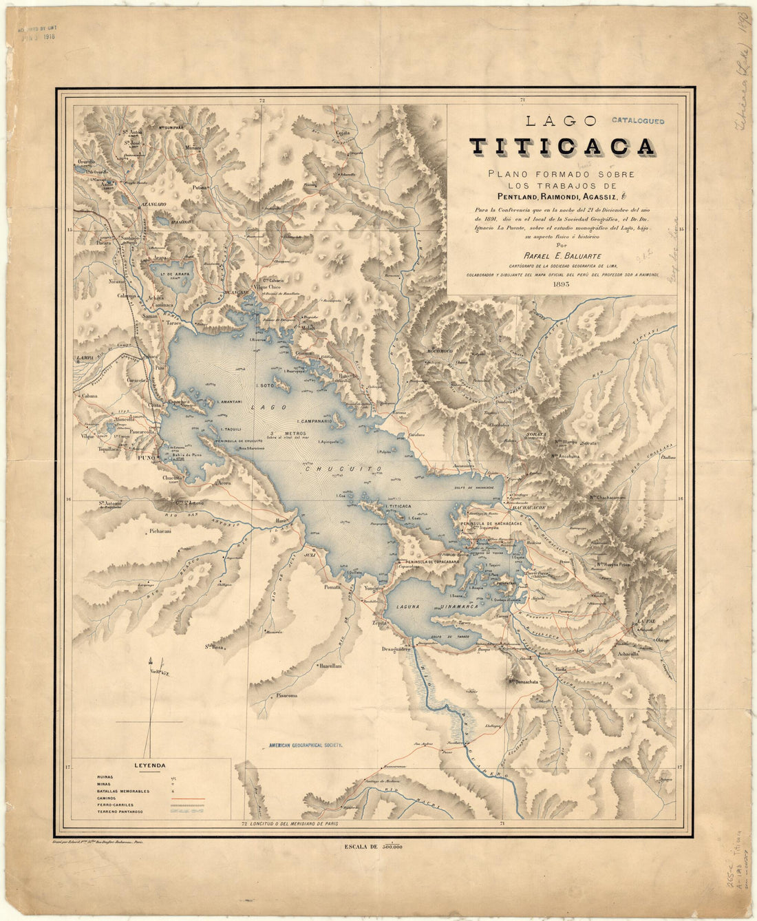 This old map of Lake Titicaca. (Lago Titicaca) from 1893 was created by Rafael E. Baluarte,  Erhard (Firm), D. Ignacio La Puente in 1893