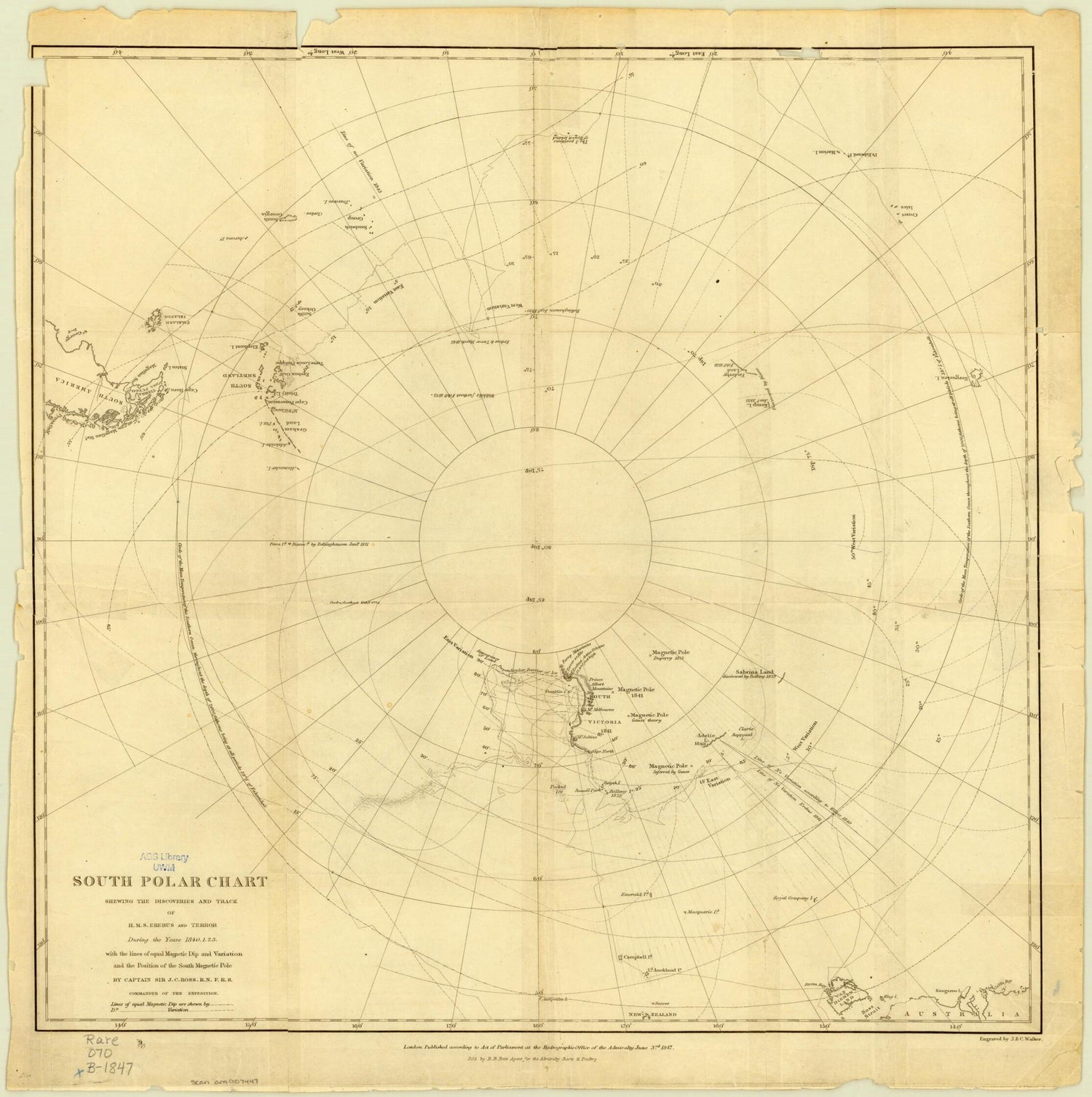 South Polar Chart Showing the Discoveries and Track of H.M.S. Erebus and Terror During the Years 1840, 1841, 1842, and 1843. (South Polar Chart Shewing the Discoveries and Track of H.M.S. Erebus and Terror During the Years 1840,1,2,3) 1847 by Relic Map Company