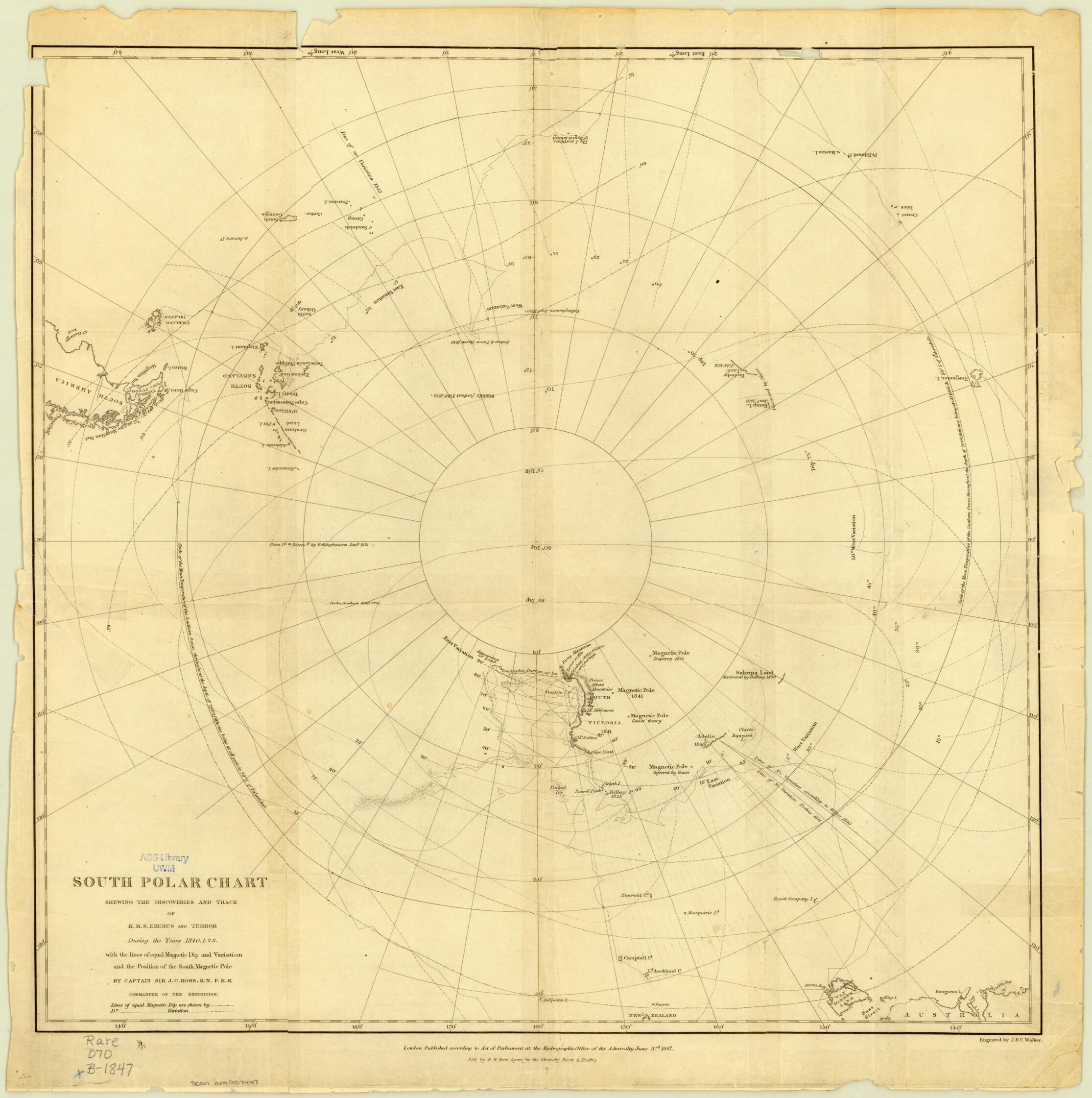 South Polar Chart Showing the Discoveries and Track of H.M.S. Erebus and Terror During the Years 1840, 1841, 1842, and 1843. (South Polar Chart Shewing the Discoveries and Track of H.M.S. Erebus and Terror During the Years 1840,1,2,3) 1847 by Relic Map Company