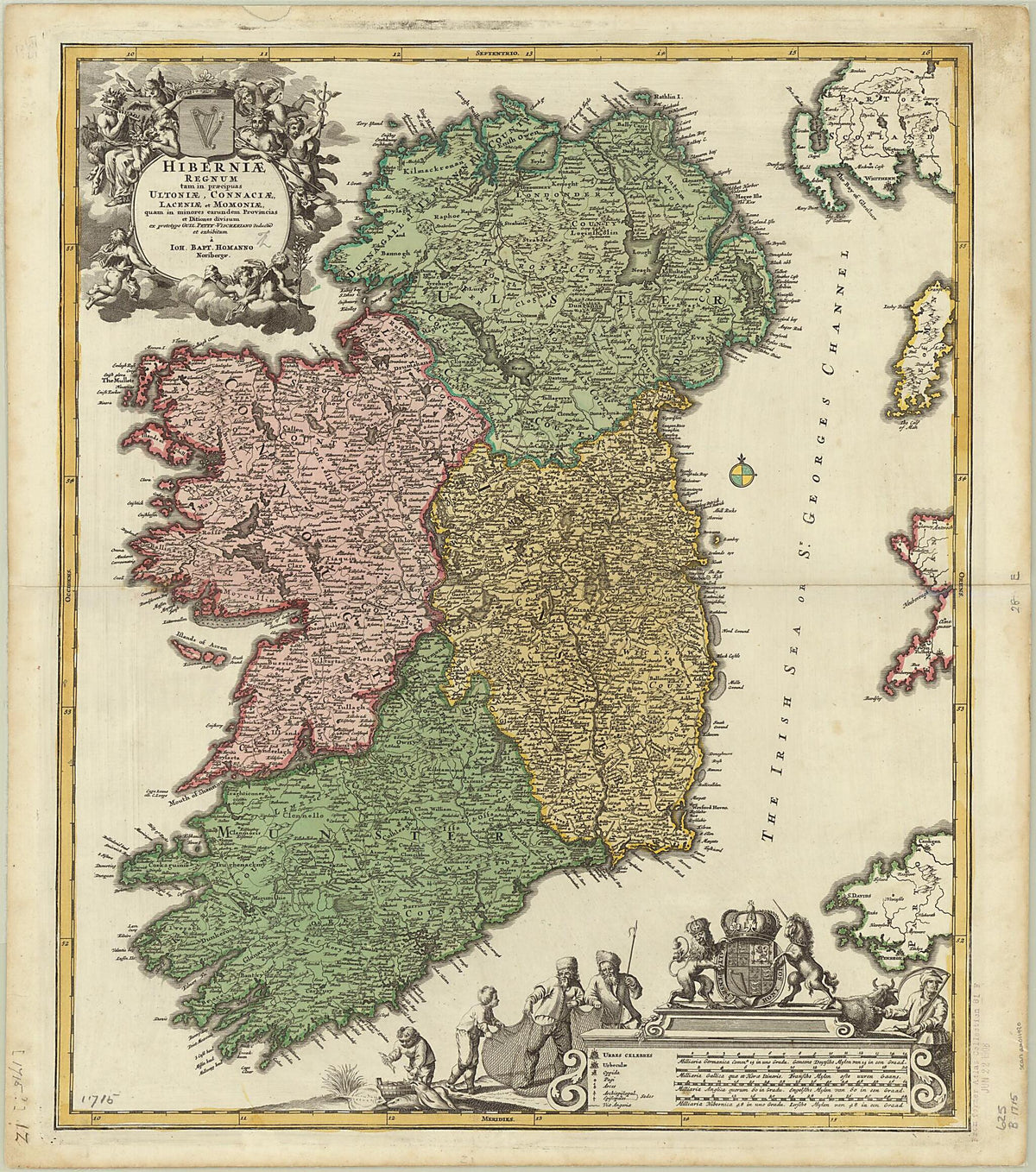 The Kingdom of Ireland, Divided As Much Into the Main Regions of Ulster, Connacht, Leinster and Munster. (Hiberniæ Regnum Tam In Præcipuas Ultoniæ, Connaciæ, Laceniæ Et Momoniæ, Quam In Minores Earundem Provincias Et Ditiones Divisum) 1715 by Relic Map Company