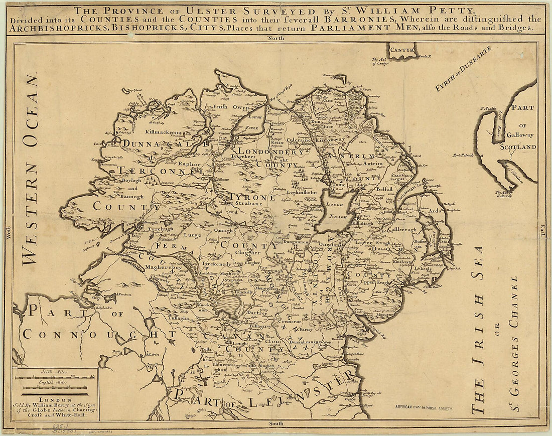 This old map of The Province of Ulster Surveyed by Sir William Petty. (The Province of Ulster Surveyed by Sir William Petty. Divided Into Its Counties and the Counties Into Their Severall Barronies, Wherein Are Distinguished the Archbishopricks, Bishopri