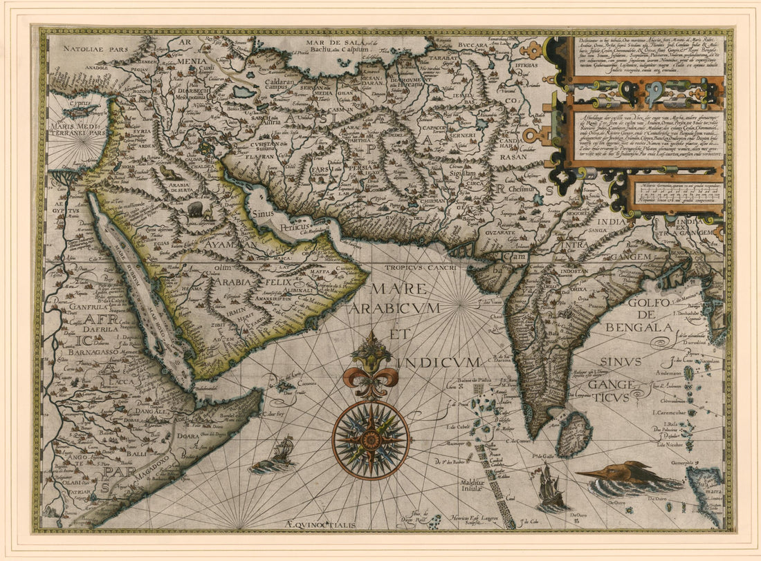 This old map of Map Outlining the Maritime Coasts of Arabia Felix, the Meccan Shores, and Also the Red Sea, the Arabian Peninsula, Hormuz, Persia, from Sinda to the Indus River, Khambhat In India and Malabar, the Island of Ceylon, the Coromandel Coast, t