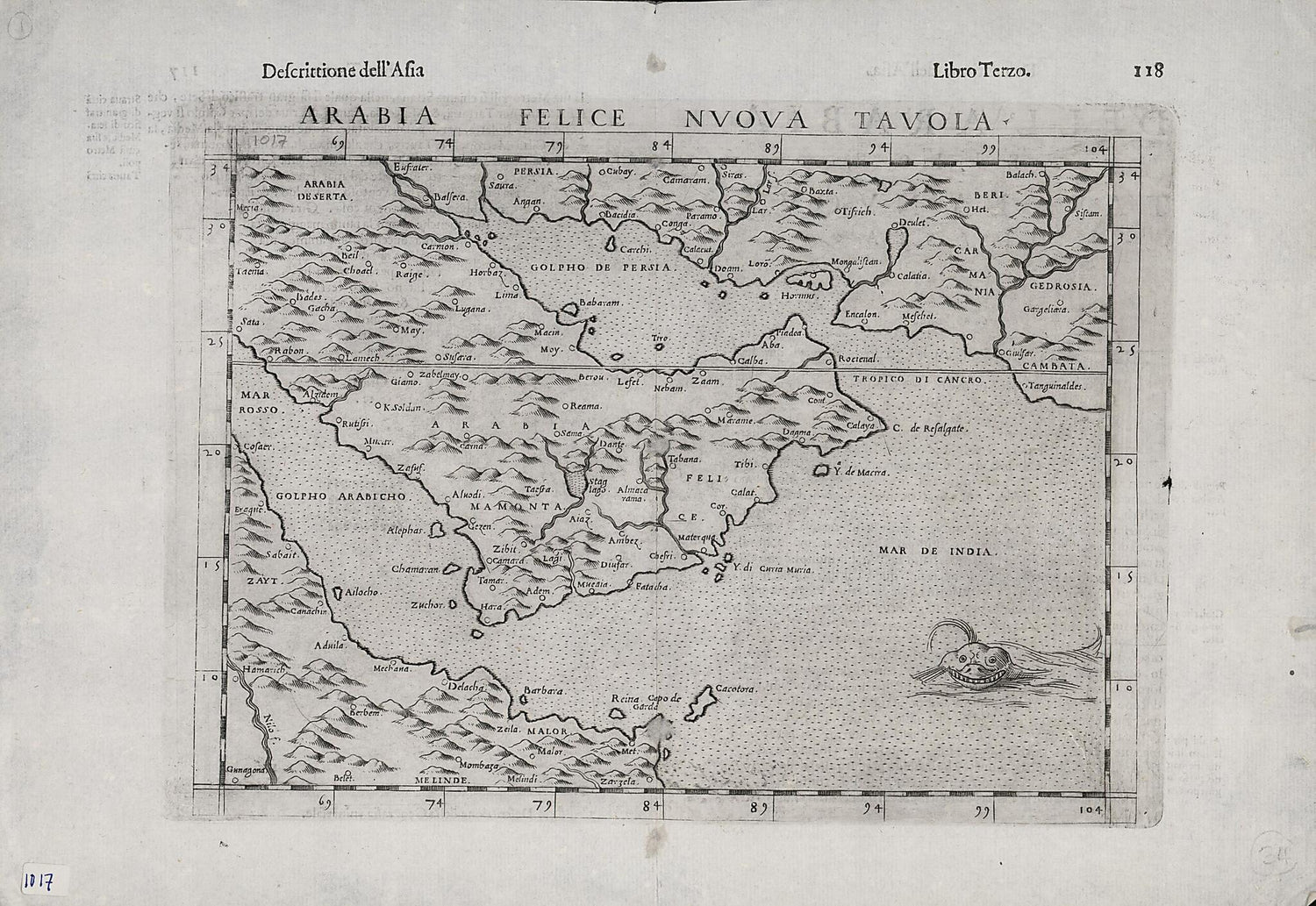 This old map of Eastern Arabian Peninsula). (Arabia Felice Nvova Tavola) from 1561 was created by Giacomo Gastaldi, Girolamo Ruscelli in 1561