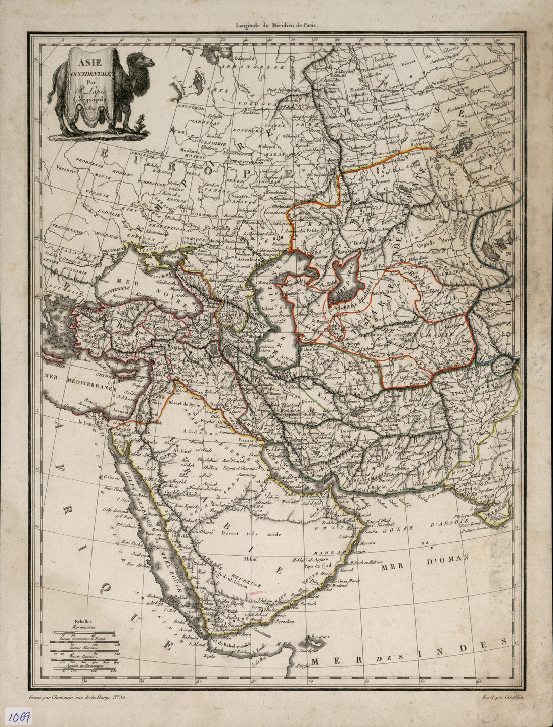 This old map of Western Asia. (Asie Occidentale) from 1809 was created by Jean Baptiste Marie Chamouin, Mrs Diot, Flourished Bovinet, M. (Pierre) Lapie, Conrad Brun,  19th Century in 1809