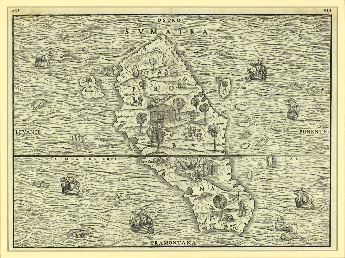 This old map of Sumatra from 1556 was created by Giacomo Gastaldi, Jean Parmentier, Raoul Parmentier, Giovanni Battista Ramusio in 1556