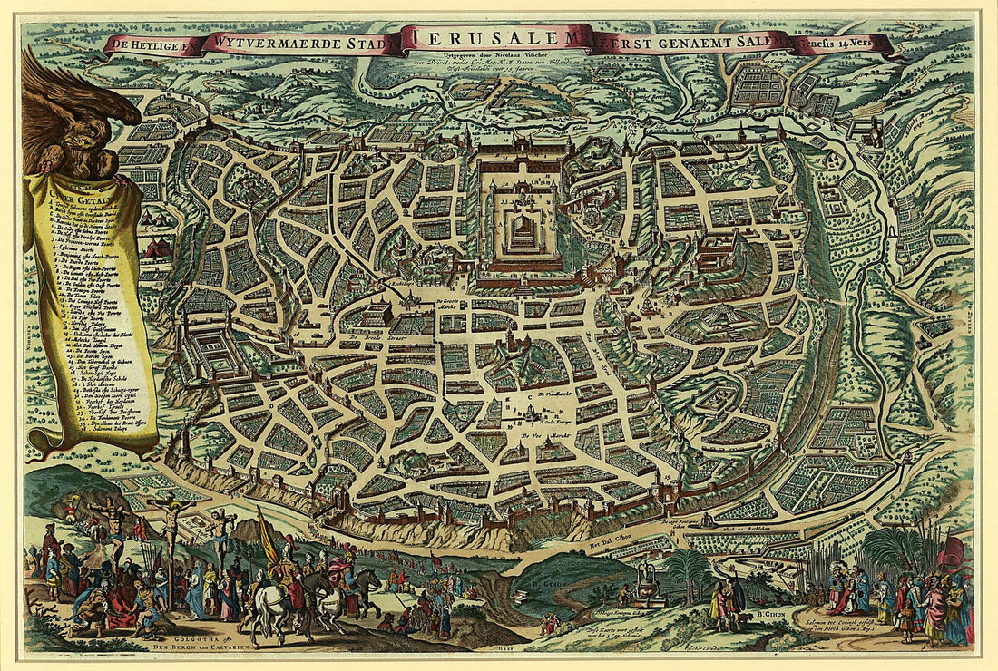 This old map of The Holy and Expanded City of Jerusalem, First Known As Salem. (De Heylige En Wytvermaerde Stadt Ierusalem, Eerst Genaemt Salem) from 1756 was created by Claes Jansz Visscher in 1756