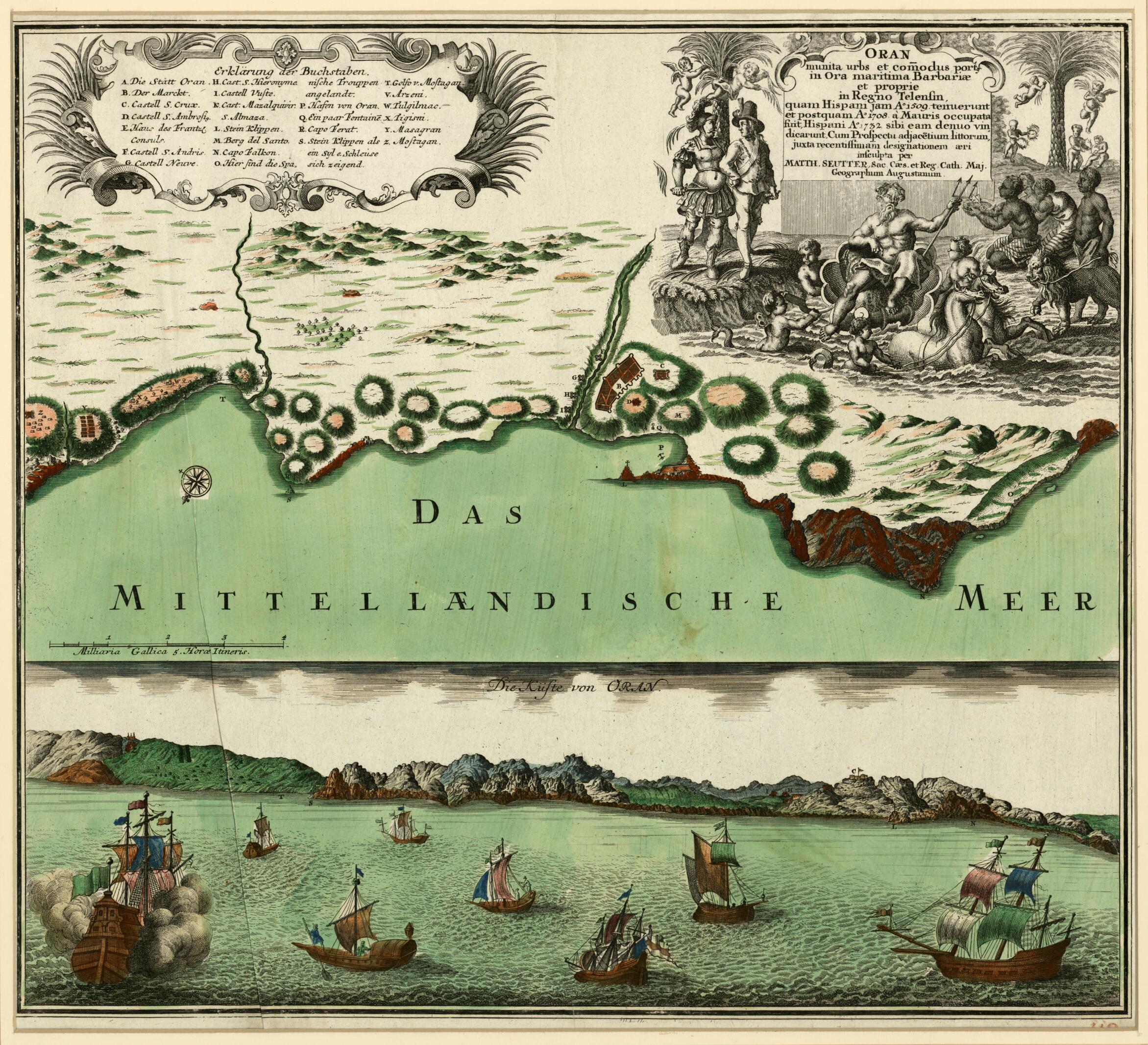 This old map of The Fortified City of Oran With Its Port On the Barbary Coast. (Oran Munita Urbs Et Comodus Porta In Ora Maritimae Barbariae Et Proprie In Regno Telensin, Quam Hispani Iam Ao 1509 Tenuerunt Et Postquam Ao 1708 a Mauris Occupata Fuit, Hisp