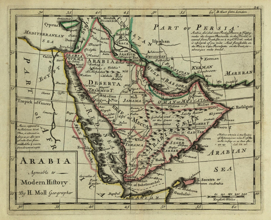 This old map of Arabia Agreeable to Modern History from 1715 was created by Herman Moll in 1715