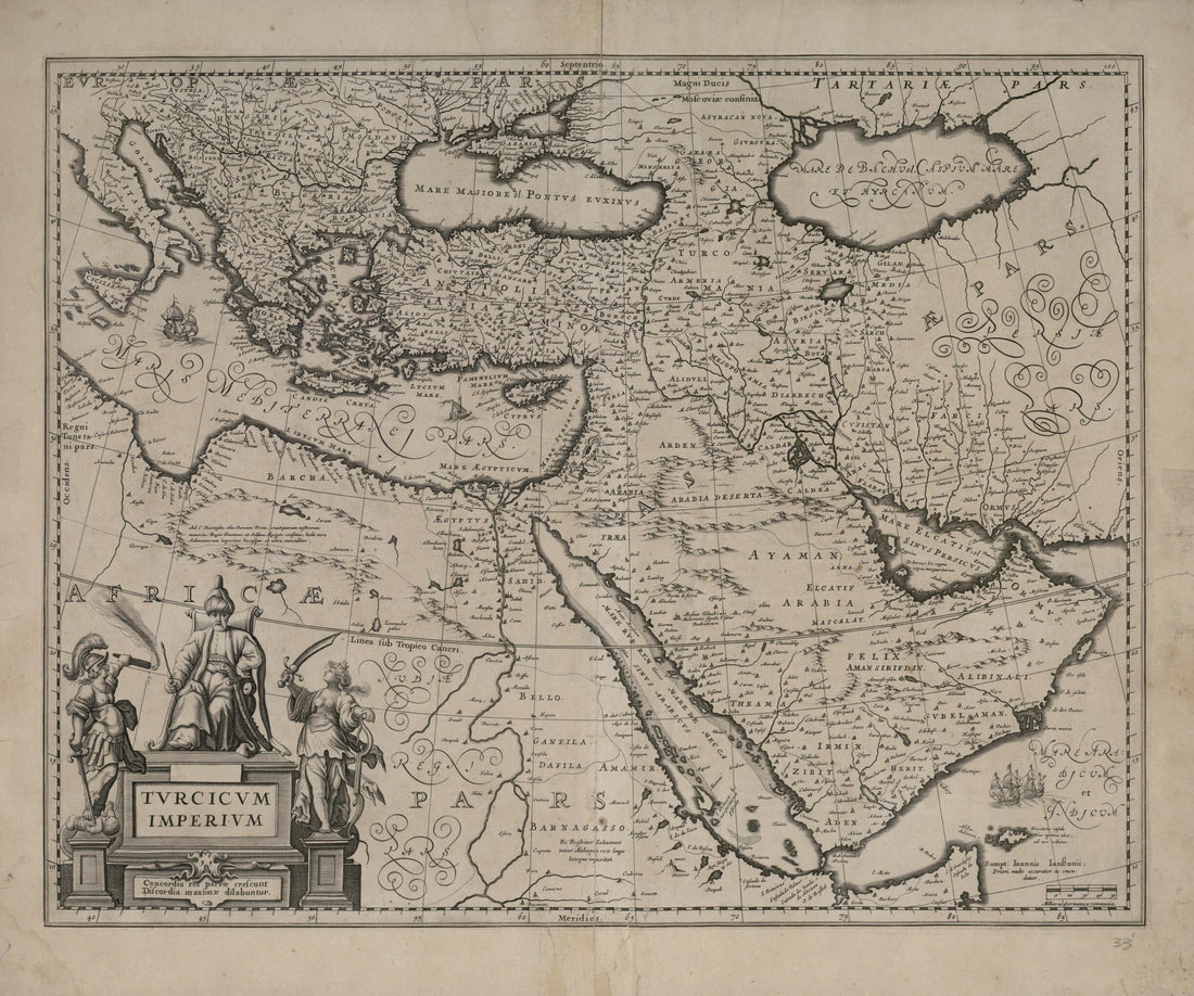 This old map of Turkish Empire. (Tvrcicvm Imperivm) from 1635 was created by Joan Blaeu, Willem Janszoon Blaeu in 1635