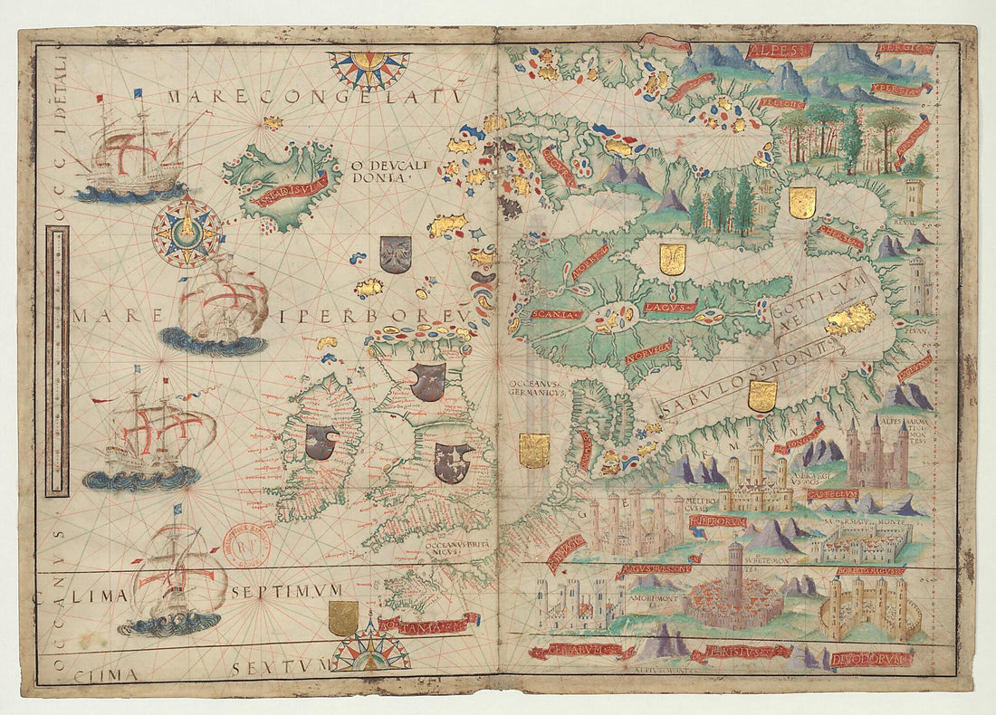 This old map of Nautical Atlas of the World, Folio 2 Recto, Northeastern Atlantic Ocean and Northern Europe and Folio 2 Verso, Central Atlantic Ocean With the Azores from 1519 was created by António De Holanda, Lopo Homem, King of Portugal Manuel I, Jor