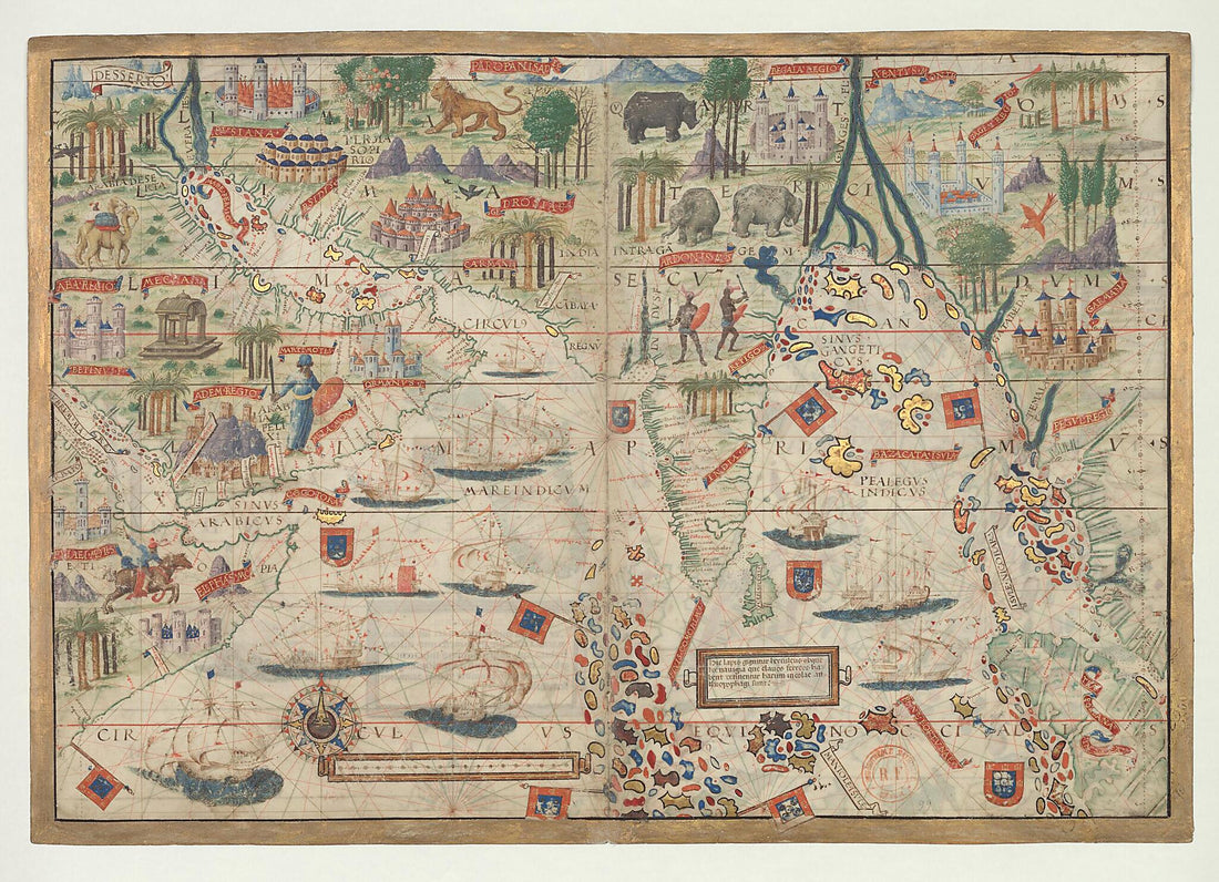 This old map of Nautical Atlas of the World, Folio 3 Recto, Northern Indian Ocean With Arabia and India and Folio 3 Verso, Southern Indian Ocean With Insulindia On the Left, and Madagascar On the Right from 1519 was created by António De Holanda, Lopo H