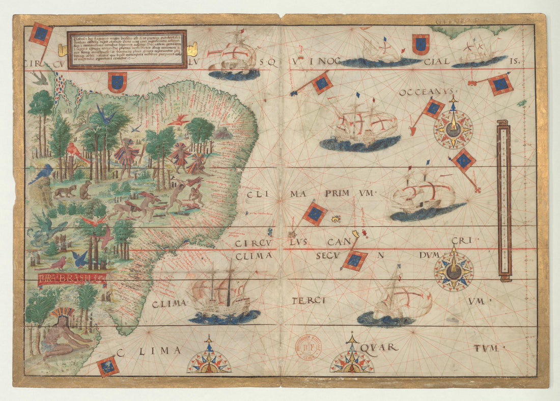 This old map of Nautical Atlas of the World, Folio 5 Recto, Southwestern Atlantic Ocean With Brazil from 1519 was created by António De Holanda, Lopo Homem, King of Portugal Manuel I, Jorge Reinel, Pedro Reinel in 1519