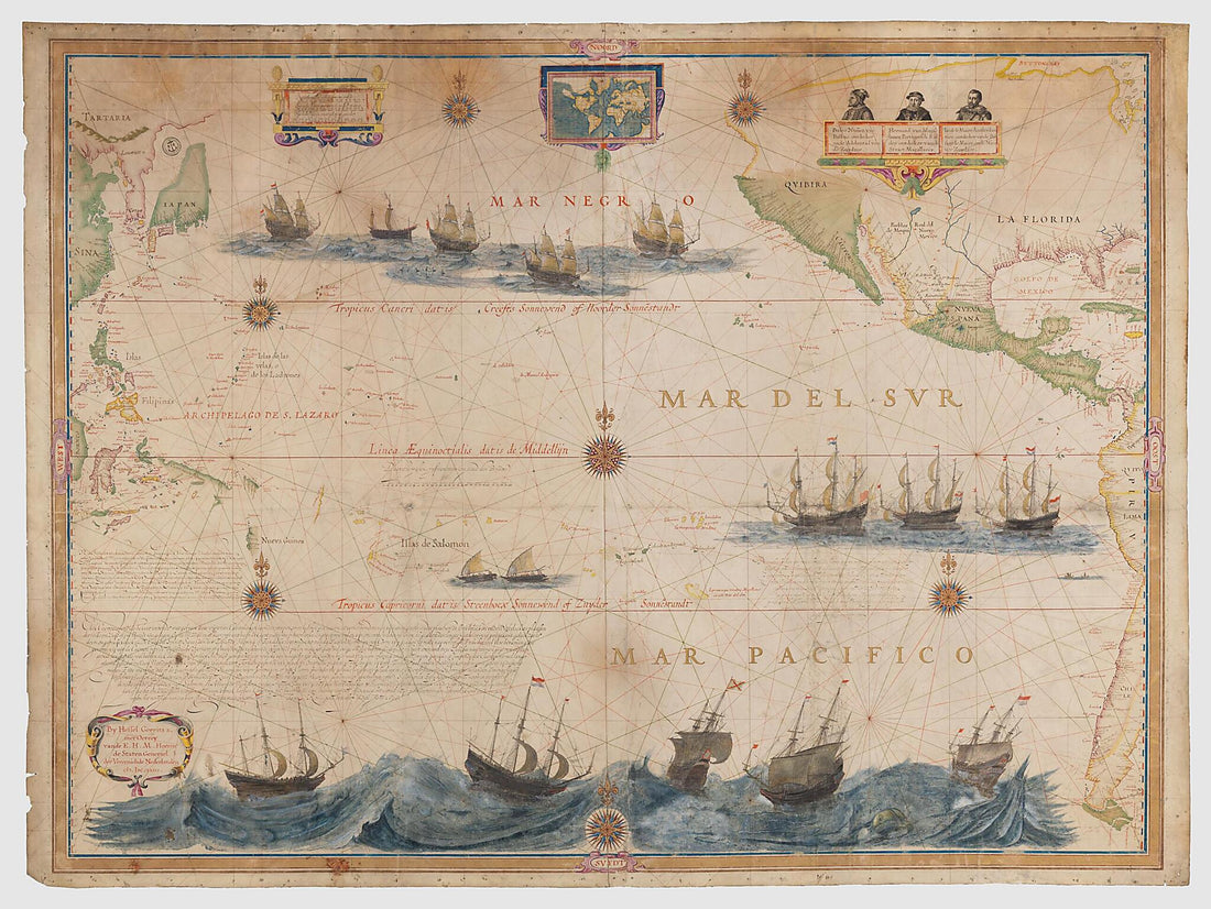 This old map of South Sea. Pacific Ocean. (Mar Pacifico. by Hessel Gerritsz. Met Octroy Van De E.H.M. Heeren De Staten Generael Der Vereenichde Nederlanden Duytsche Mÿlen Vÿftien Voor Een Graedt) from 1622 was created by Hessel Gerritsz in 1622