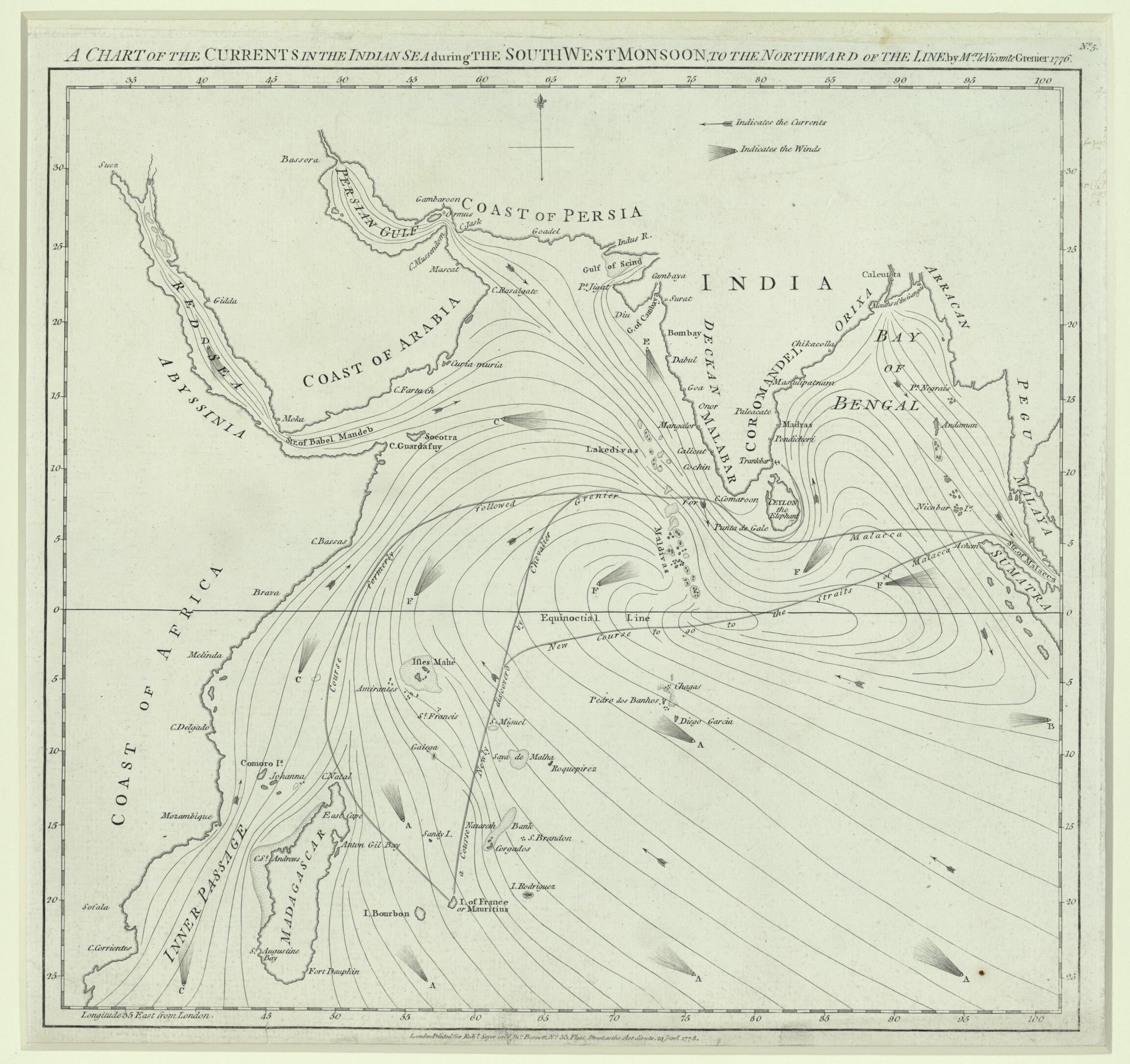 This old map of A Chart of the Currents In the Indian Sea During the Southwest Monsoon, to the Northward of the Line. (A Chart of the Currents In the Indian Sea During the Northeast Monsoon, to the Northward of the Line) from 1778 was created by Vicomte 