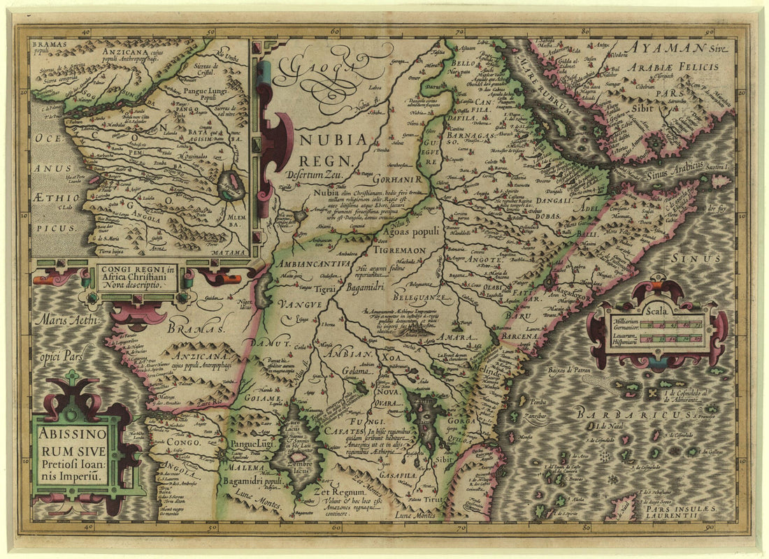 This old map of Abyssinia, Or the Empire of Prester John. (Abissinorum Sive Pretiosi Ioannis Imperiu) from 1619 was created by Jodocus Hondius, Gerhard Mercator in 1619