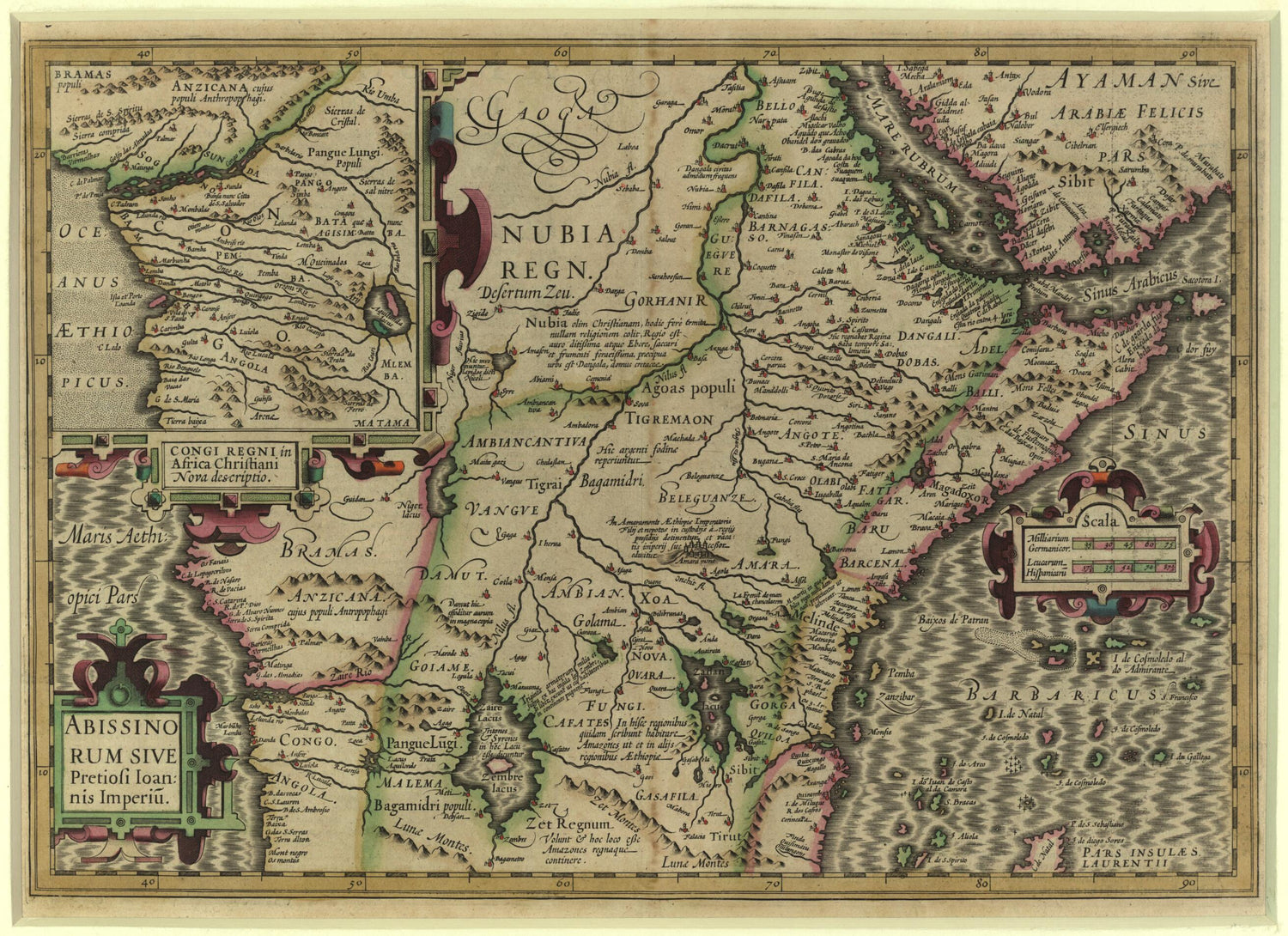 This old map of Abyssinia, Or the Empire of Prester John. (Abissinorum Sive Pretiosi Ioannis Imperiu) from 1619 was created by Jodocus Hondius, Gerhard Mercator in 1619