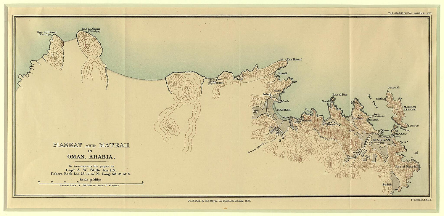 This old map of Maskat and Matrah In Oman, Arabia from 1897 was created by Francis Sidney Weller in 1897
