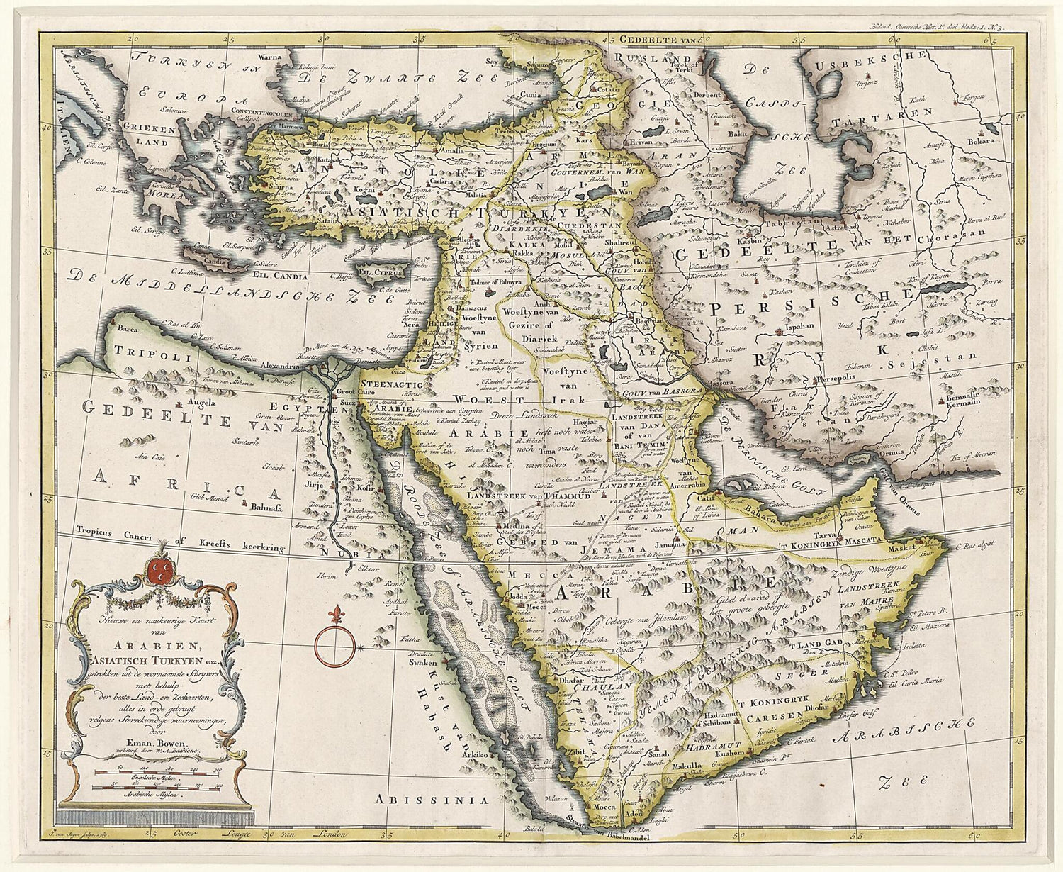 This old map of New and Accurate Map of Arabia, Asian Turkey, Etc.. (Nieuwe En Naukeurige Kaart Van Arabien Asiatisch Turkyen Enz) from 1769 was created by Willem Albert Bachiene, Emanuel Bowen, Jan Van Jagen in 1769