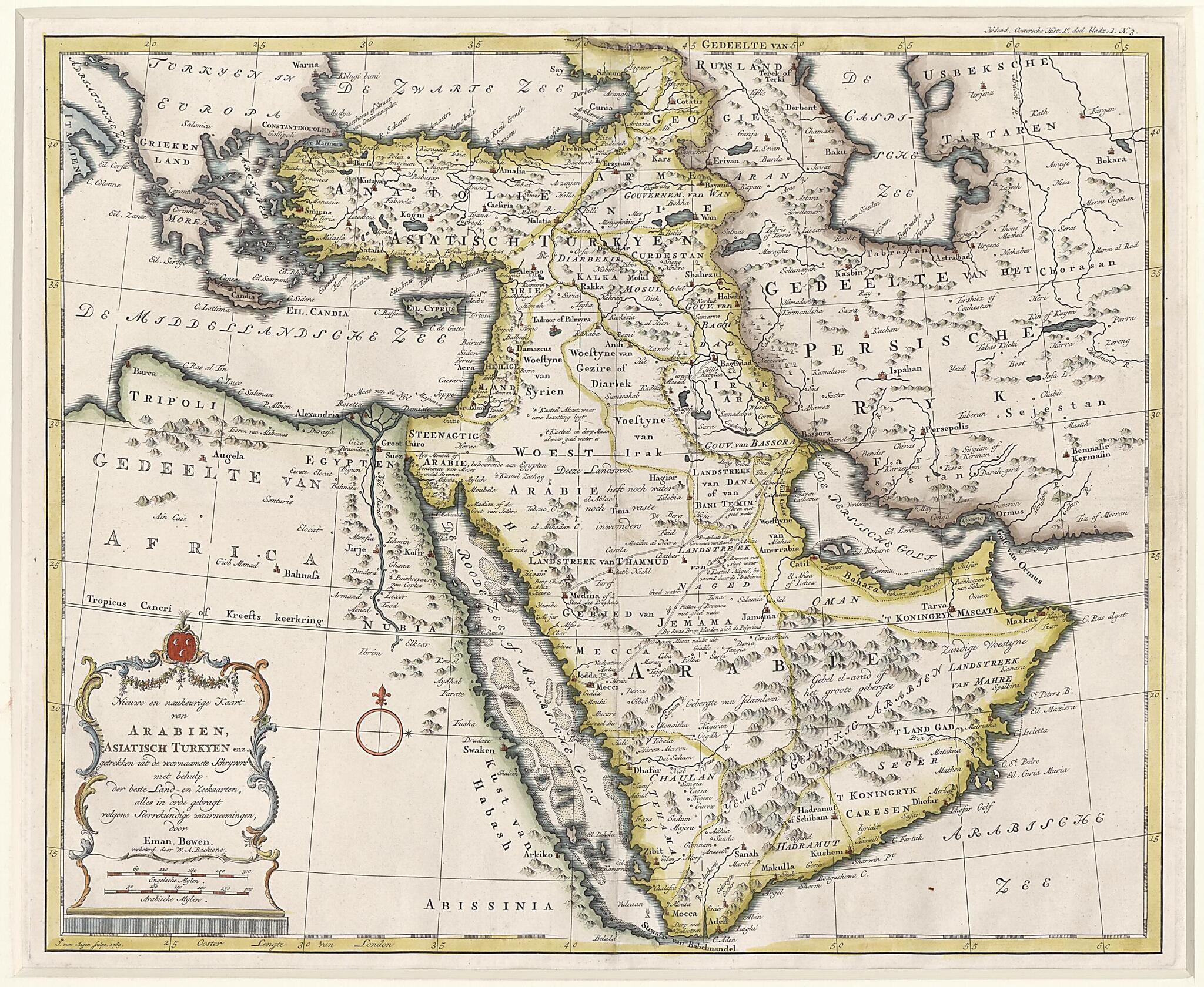 This old map of New and Accurate Map of Arabia, Asian Turkey, Etc.. (Nieuwe En Naukeurige Kaart Van Arabien Asiatisch Turkyen Enz) from 1769 was created by Willem Albert Bachiene, Emanuel Bowen, Jan Van Jagen in 1769