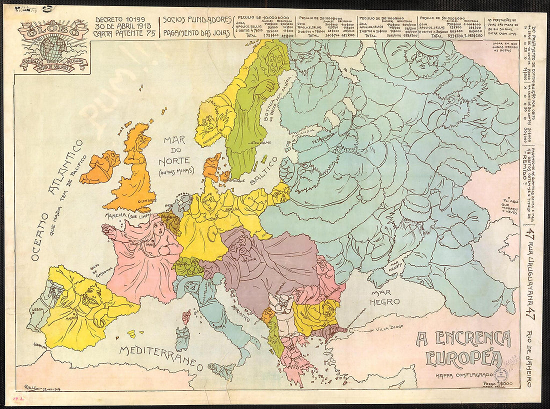 This old map of A Troubled Europe. Map of the Conflagration. (A Encrenca Européa Mappa Conflagrado) from 1914 was created by Raúl Pederneiras in 1914