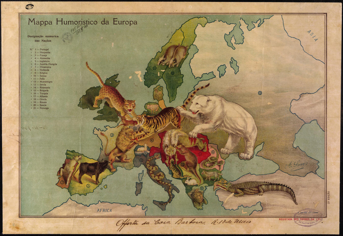 This old map of Humorous Map of Europe. (Mappa Humorístico Da Europa) from 1914 was created by António Soares in 1914