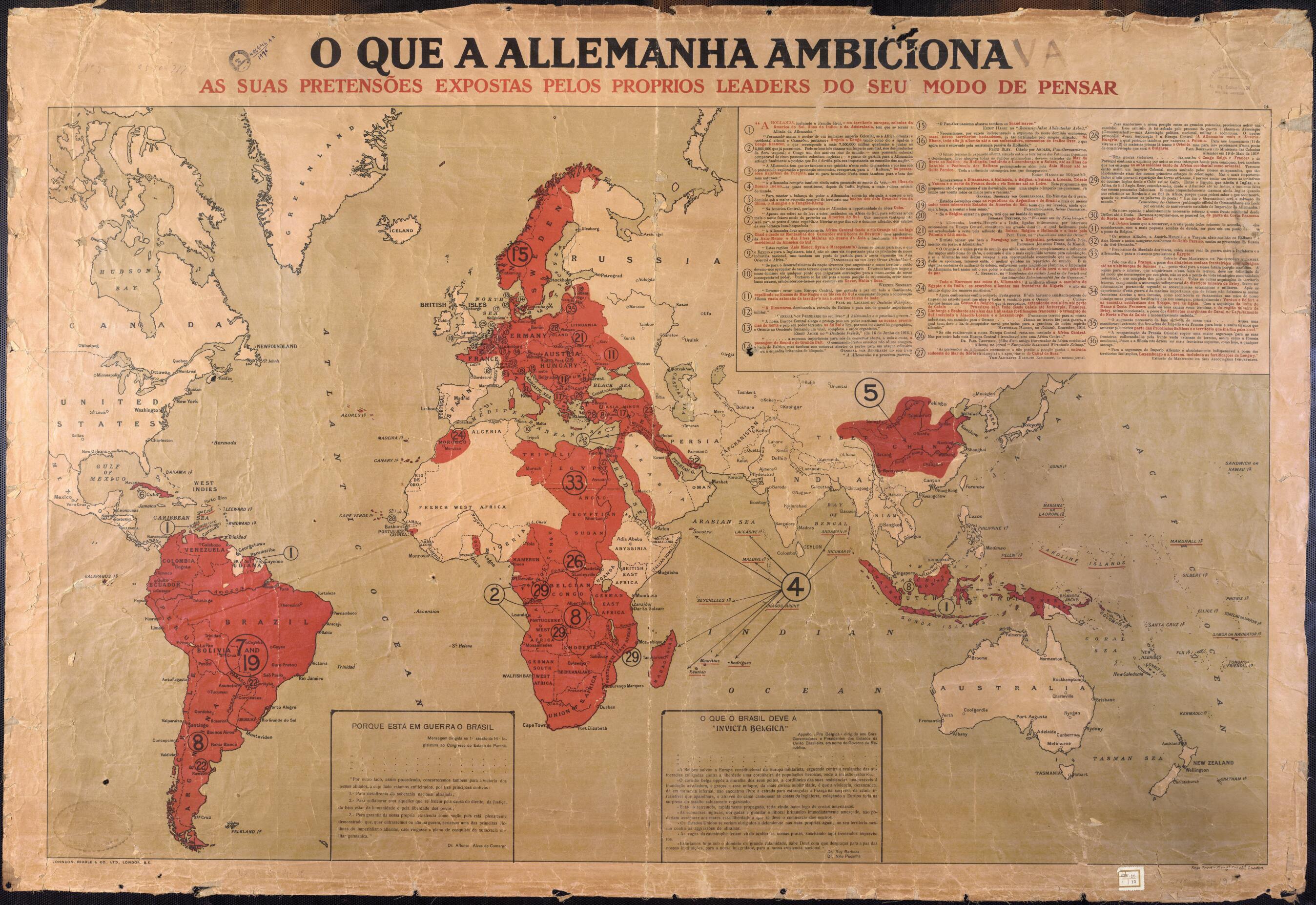 This old map of What Germany Desires. Its Ambitions Exposed by the Thinking of Its Leaders. (O Que a Allemanha Ambiciona. As Suas Pretensões Expostas Pelos Proprios Leaders Do Seu Modo De Pensar) from 1914 was created by  in 1914
