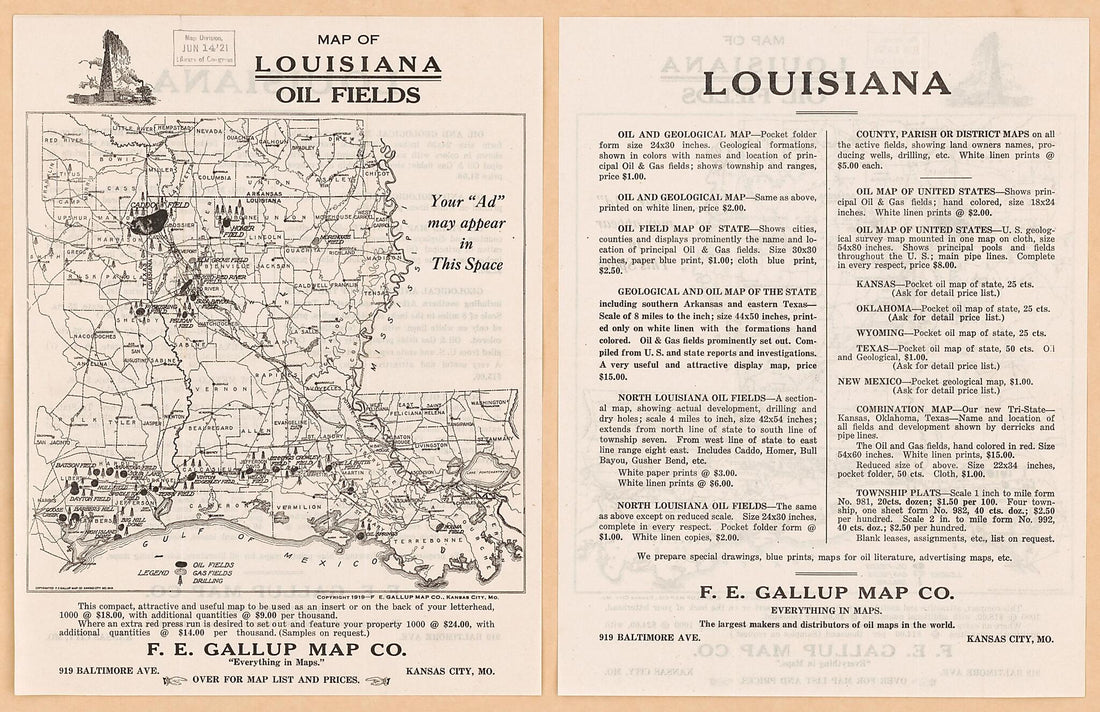 This old map of Map of Louisiana Oil Fields from 1919 was created by  F. E. Gallup Map Co in 1919