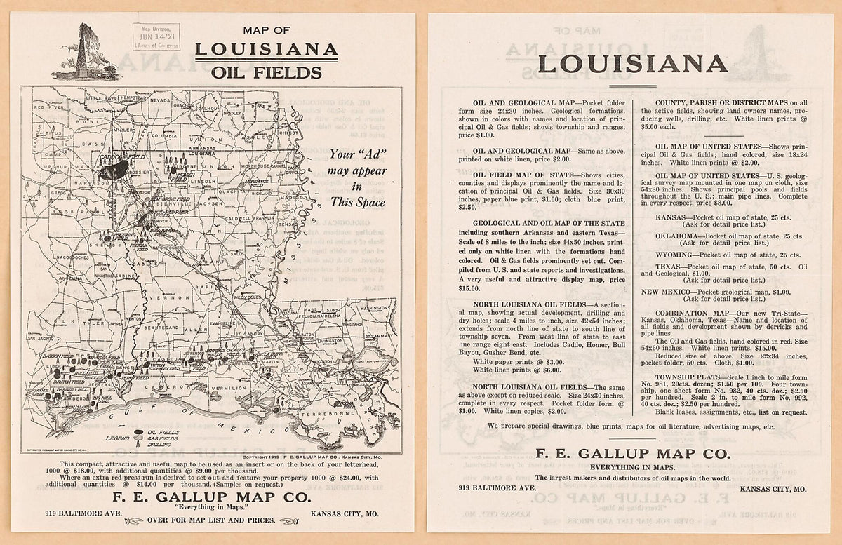 Map of Louisiana Oil Fields 1919 by Relic Map Company