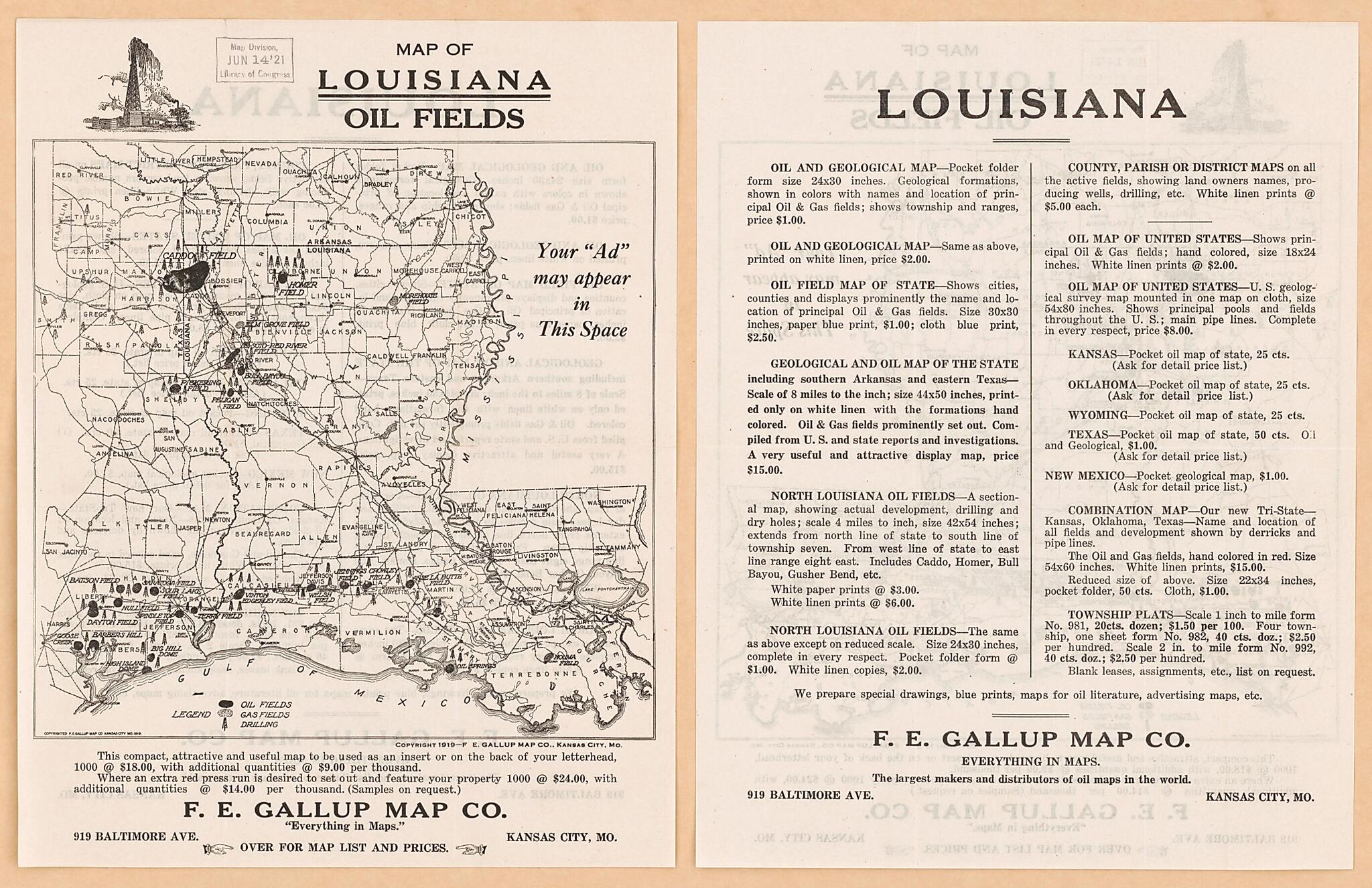 This old map of Map of Louisiana Oil Fields from 1919 was created by  F. E. Gallup Map Co in 1919