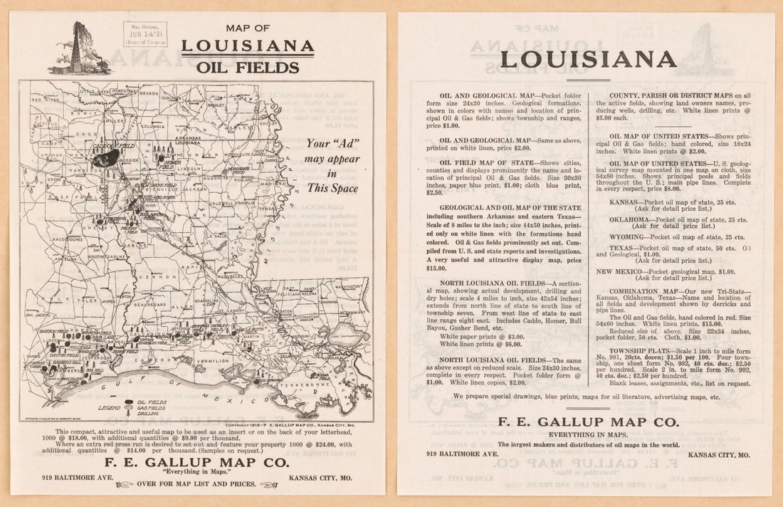 This old map of Map of Louisiana Oil Fields from 1919 was created by  F. E. Gallup Map Co in 1919