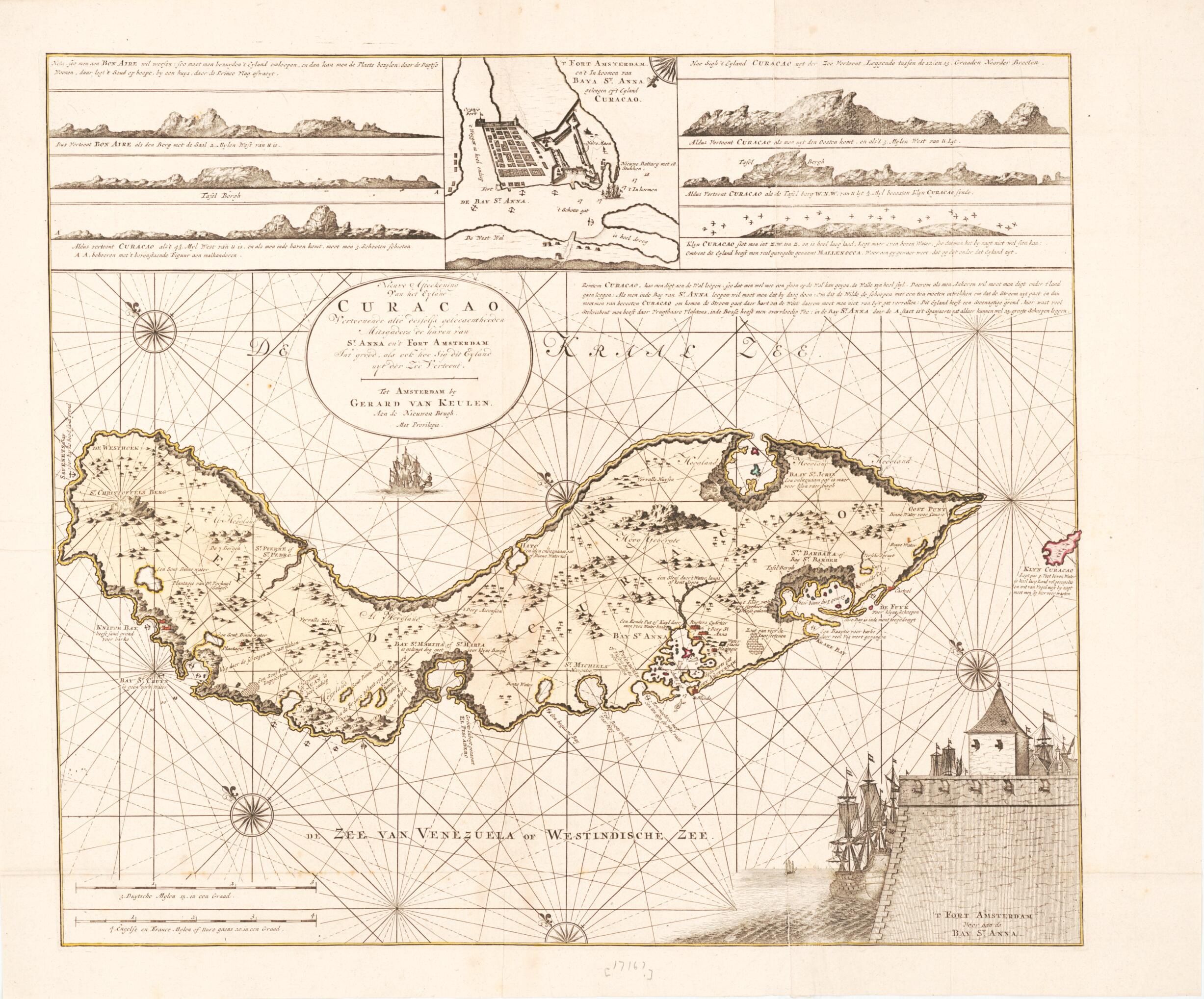 This old map of Nieuwe Afteekening Van Het Eyland Curacao Vertoonende Alle Desfelfs Gelecgentheeden Mitsgaders De Haven Van St. Anna En&