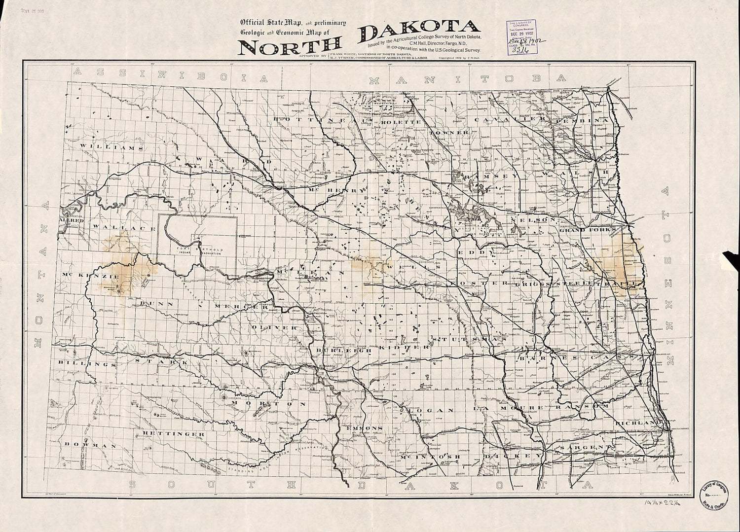 This old map of Official State Map, and Preliminary Geologic and Economic Map of North Dakota (North Dakota) from 1902 was created by  Geological Survey (U.S.), Charles M. (Charles Monroe) Hall,  North Dakota Agricultural College in 1902