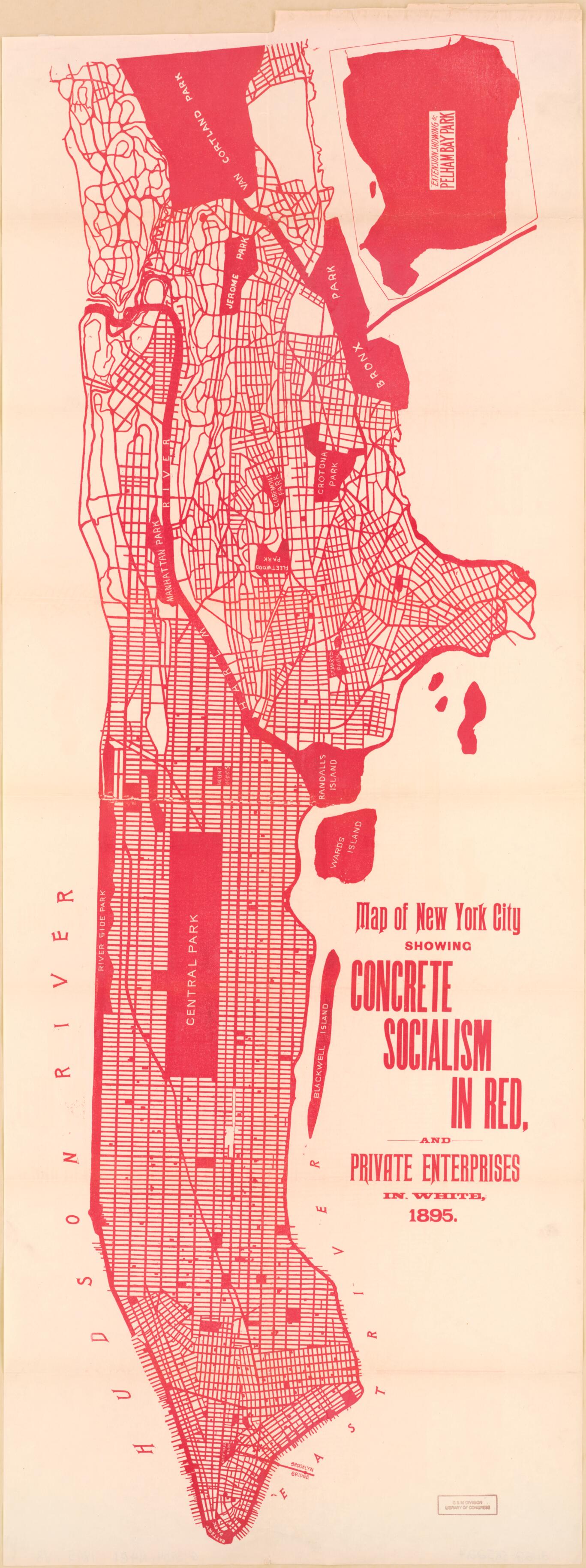 This old map of Map of New York City Showing Concrete Socialism In Red, and Private Enterprises In White, from 1895 was created by Walter Vrooman in 1895