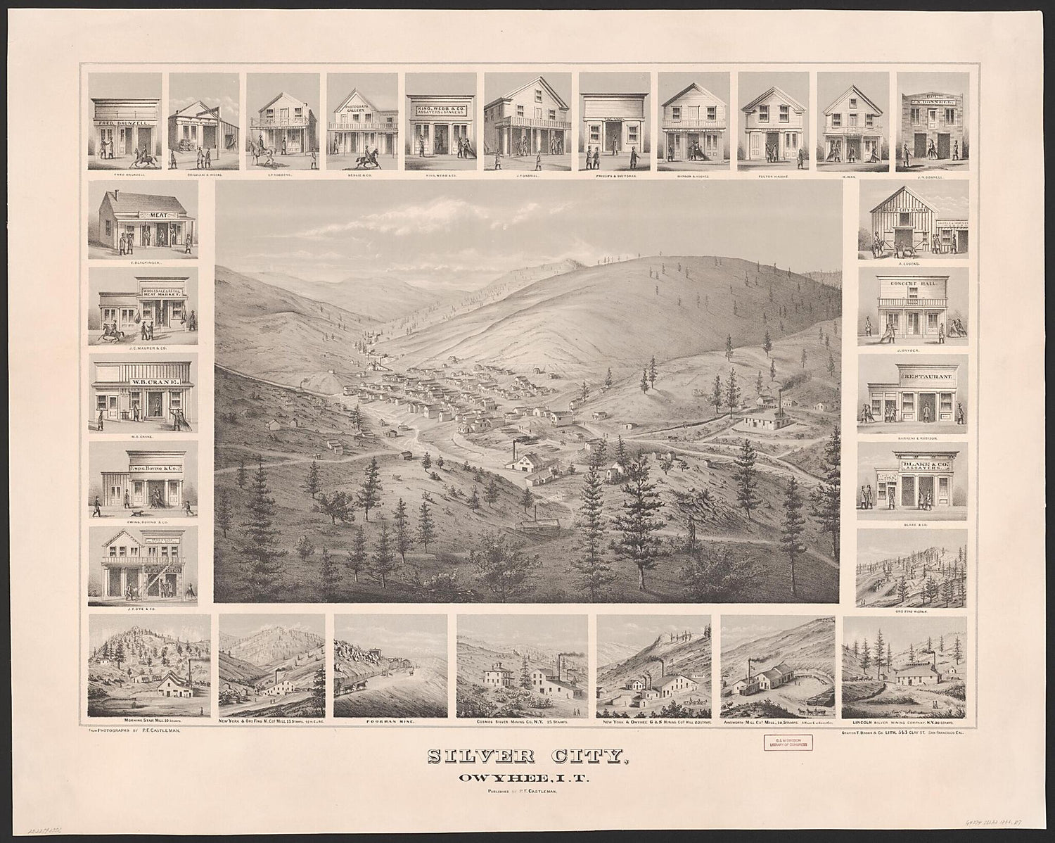 This old map of Silver City, Owyhee, I.T from 1866 was created by Grafton Tyler Brown, P. F. (Philip F.) Castleman in 1866
